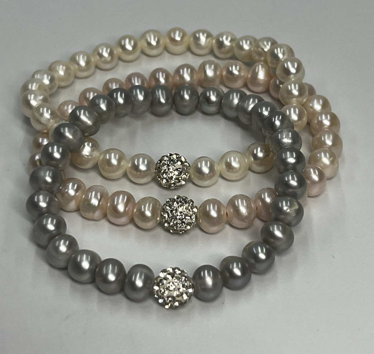 Freshwater Pearl Bracelet Set of 3 Ivory Pink Gray Stretch Bridal Elegant Stack
