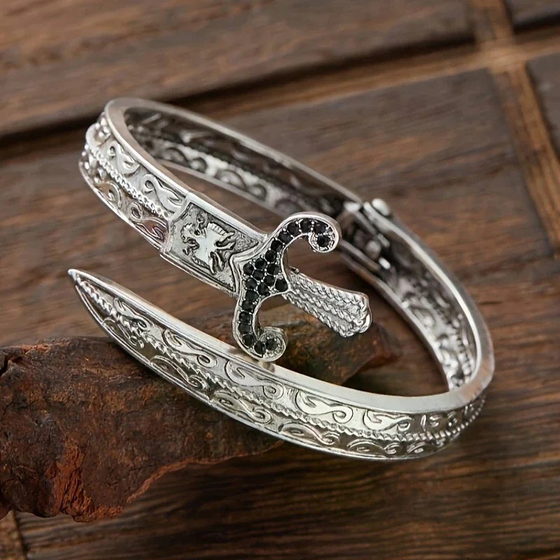 Vintage Carved Sword Bracelet Punk Gothic Charm Bangle Unisex Jewelry Gift