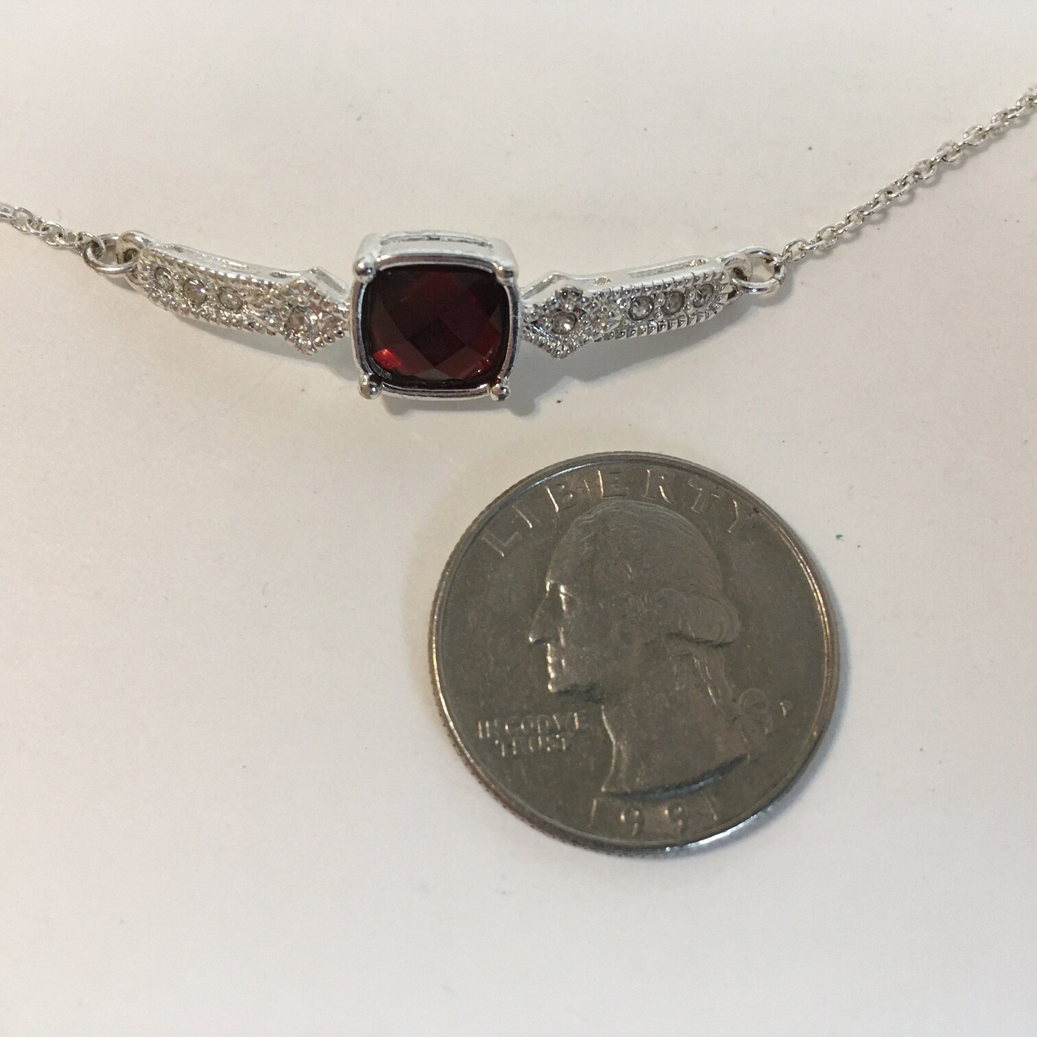 Red Rhinestone Bracelet Silver Tone Metal Chain Square Stone Adjustable Length