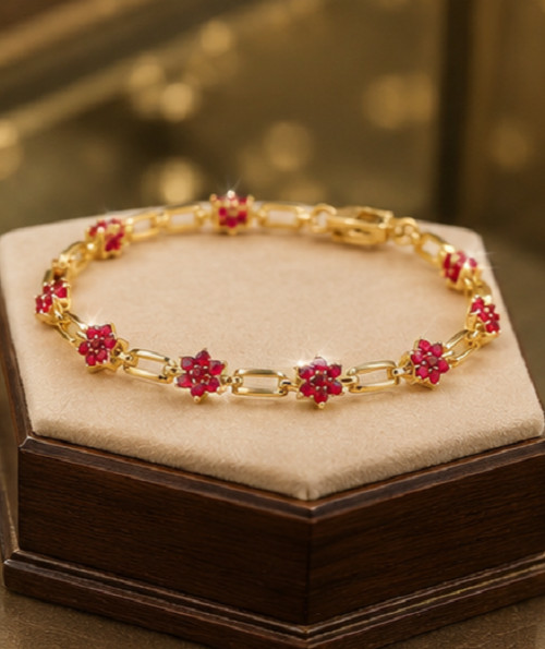 2ct Round Cut Simulated Red Ruby Flower Link Bracelet 14K Yellow Gold Plated7.5″