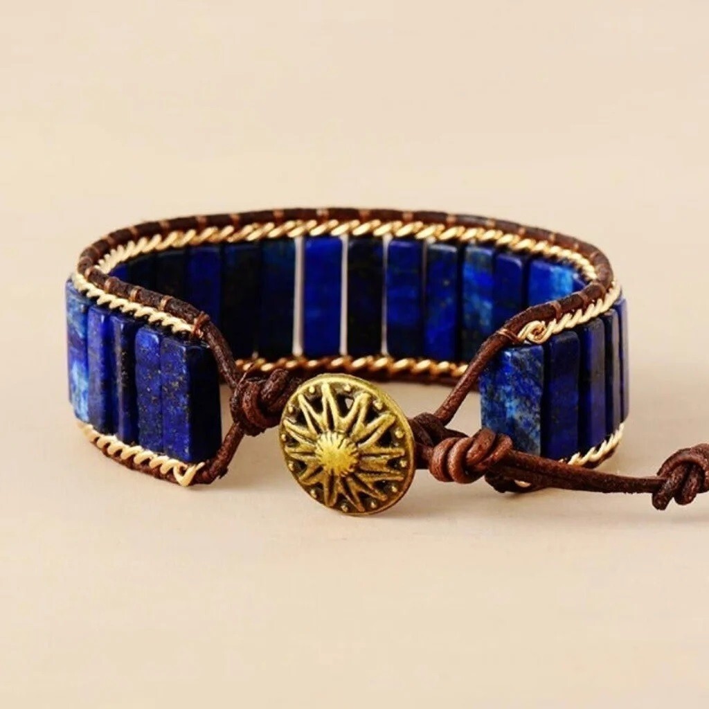 Natural Lapis Lazuli Tube Stone Bracelet Leather Braided Bracelet Adjustable
