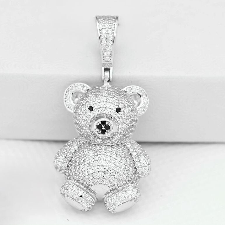 925 Sterling Silver 37mm Teddy Bear Hip Hop Icy Cubic Zirconia Charm*Unisex*BOX