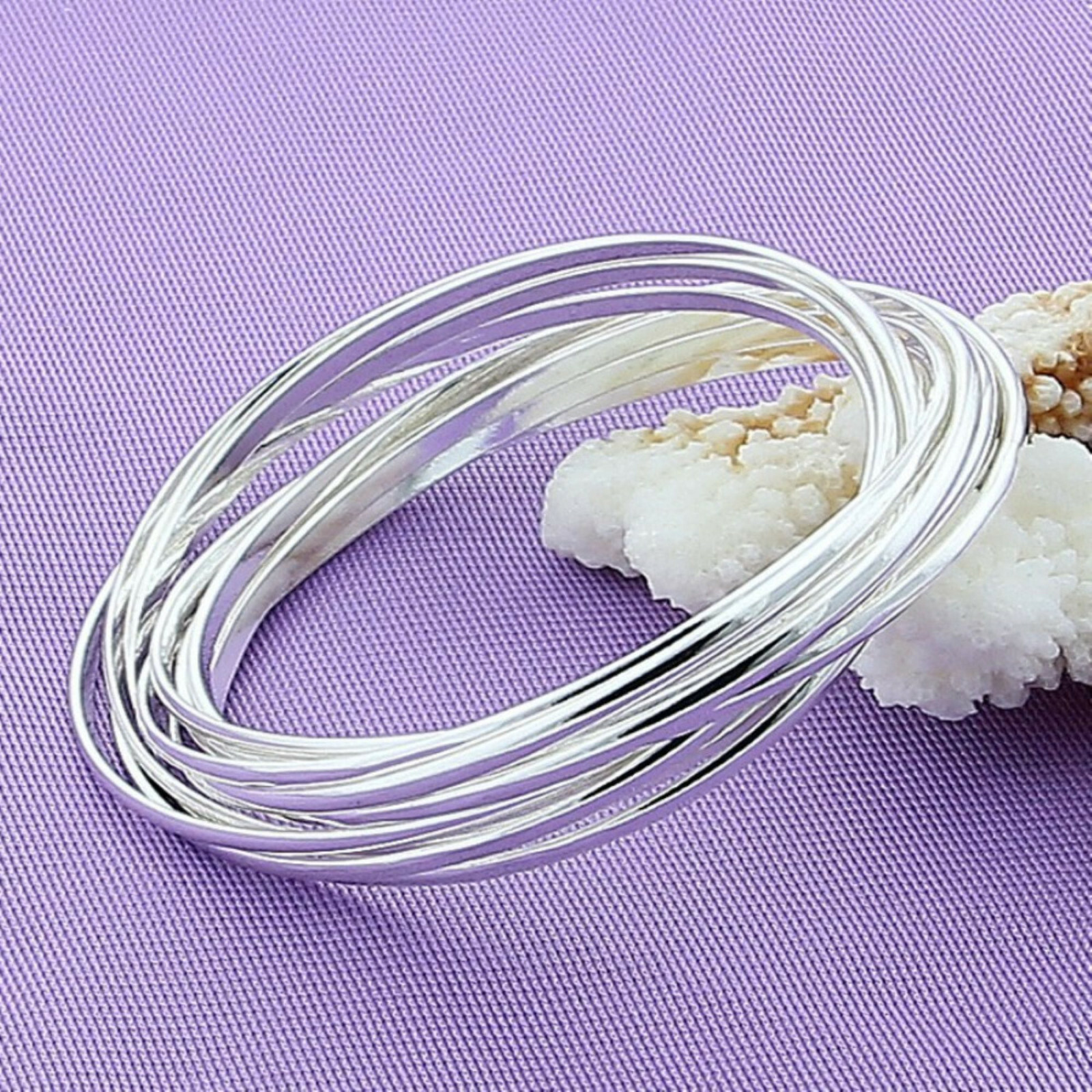 Women’s Large Wrist Classic Ten Ring Bangle Bracelet Sterling Silver