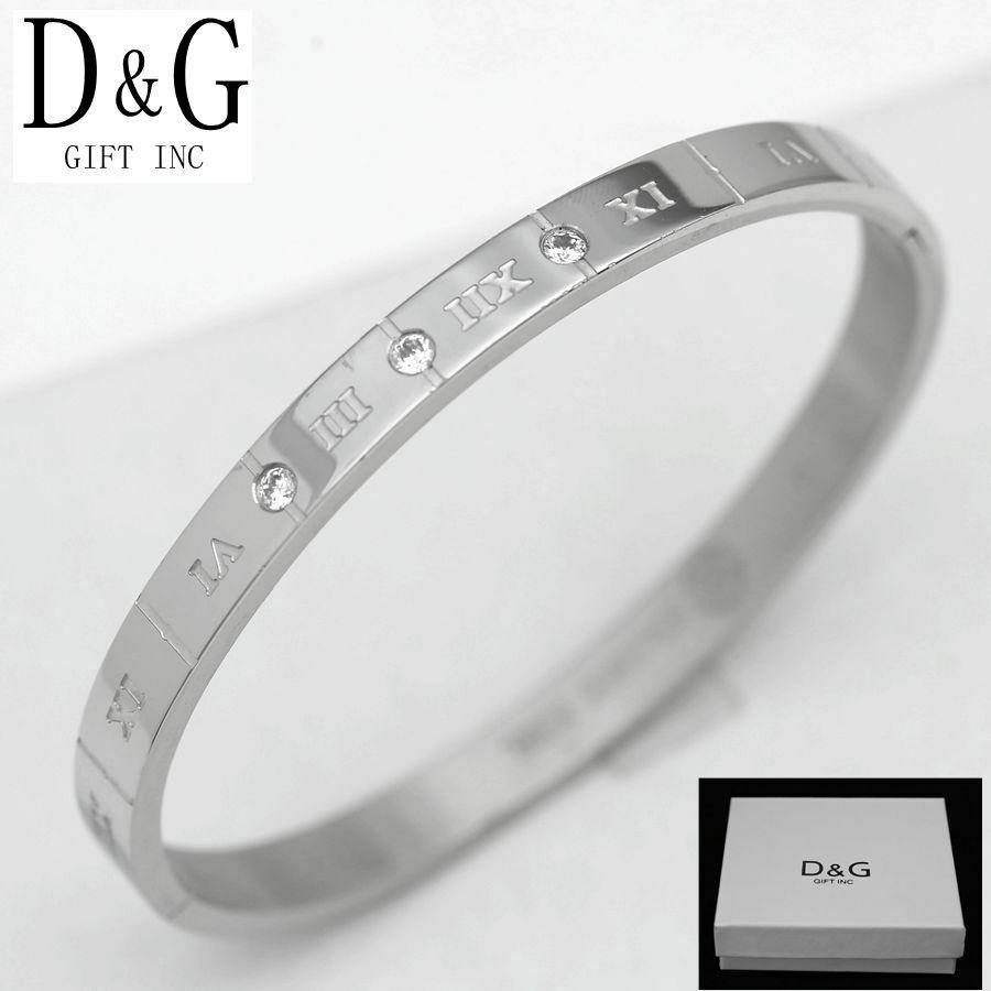 Women’s 6.5″ Stainless Steel 6mm CZ,Roman Numeral,Bangle Bracelet Unisex Box