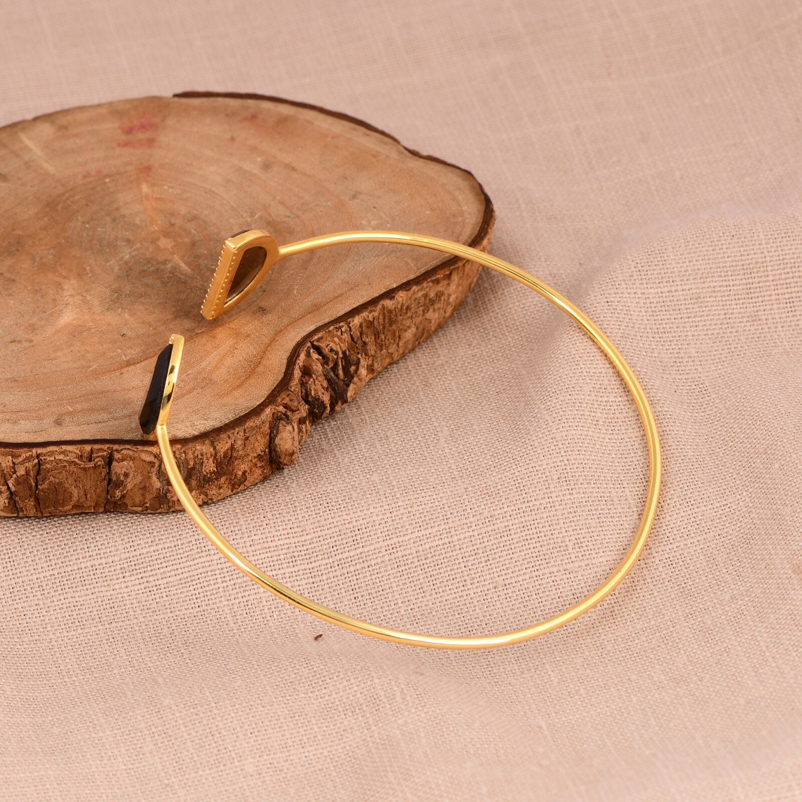 18ct Gold Plated Smokey Quartz Double Gemstone Cuff Bangle Bracelet For Wedding