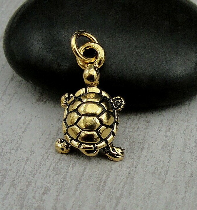 Gold Turtle Charm – Tortoise Pendant Keepsake – Pet Turtle Jewelry Gift NEW