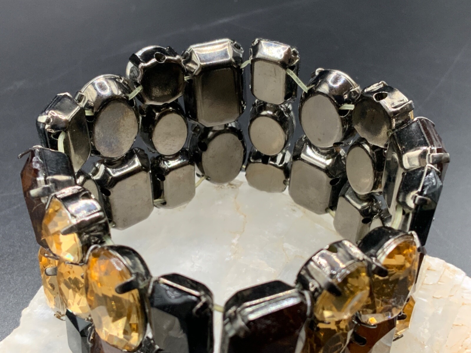 Brown Orange Bracelet Fall Harvest Acrylic Wide Bling Metal Stretch Bracelet