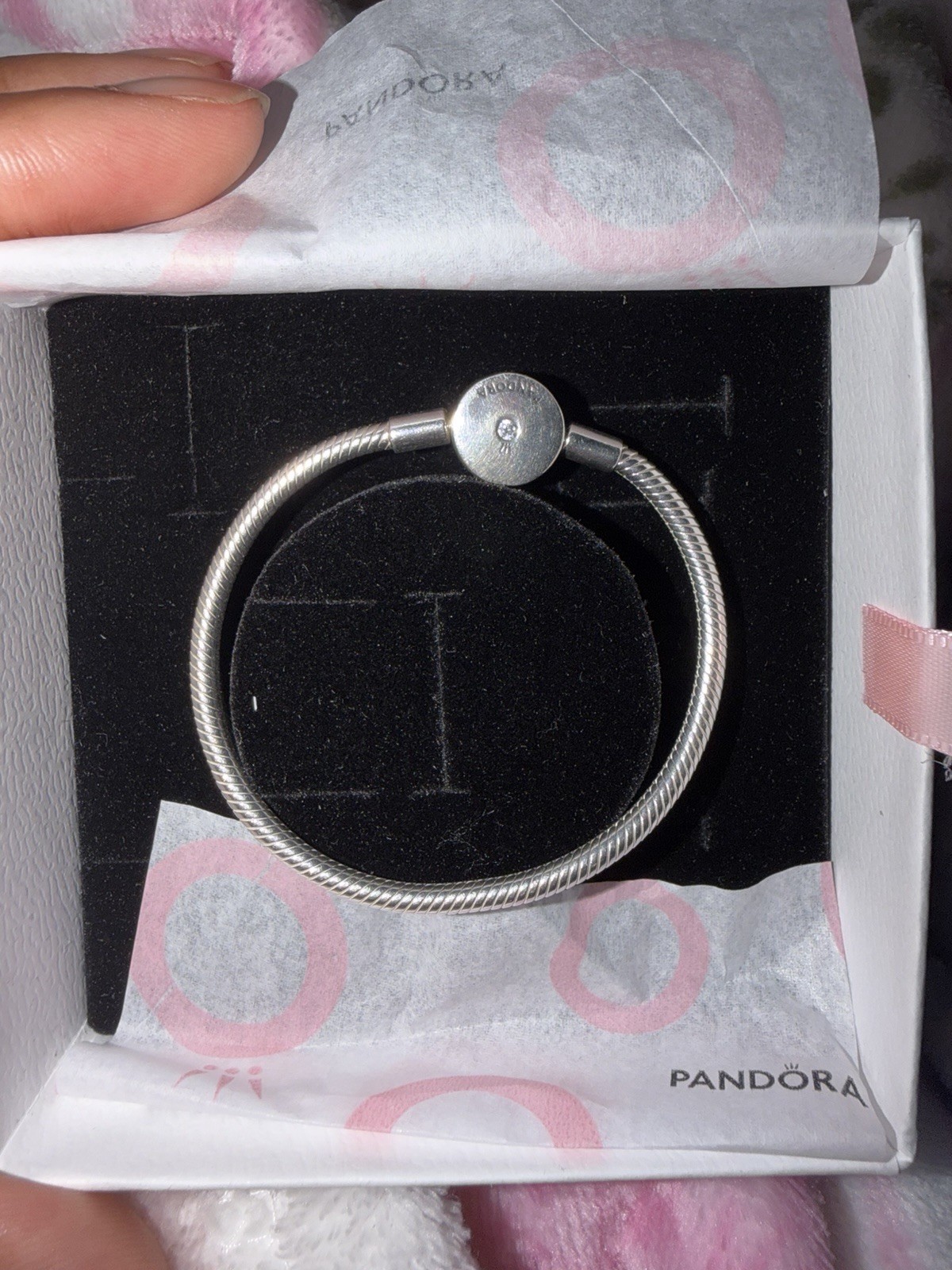 Pandora Silver Snake Chain Bangle Charm Bracelet CZ Halo Snap Clasp Stackable