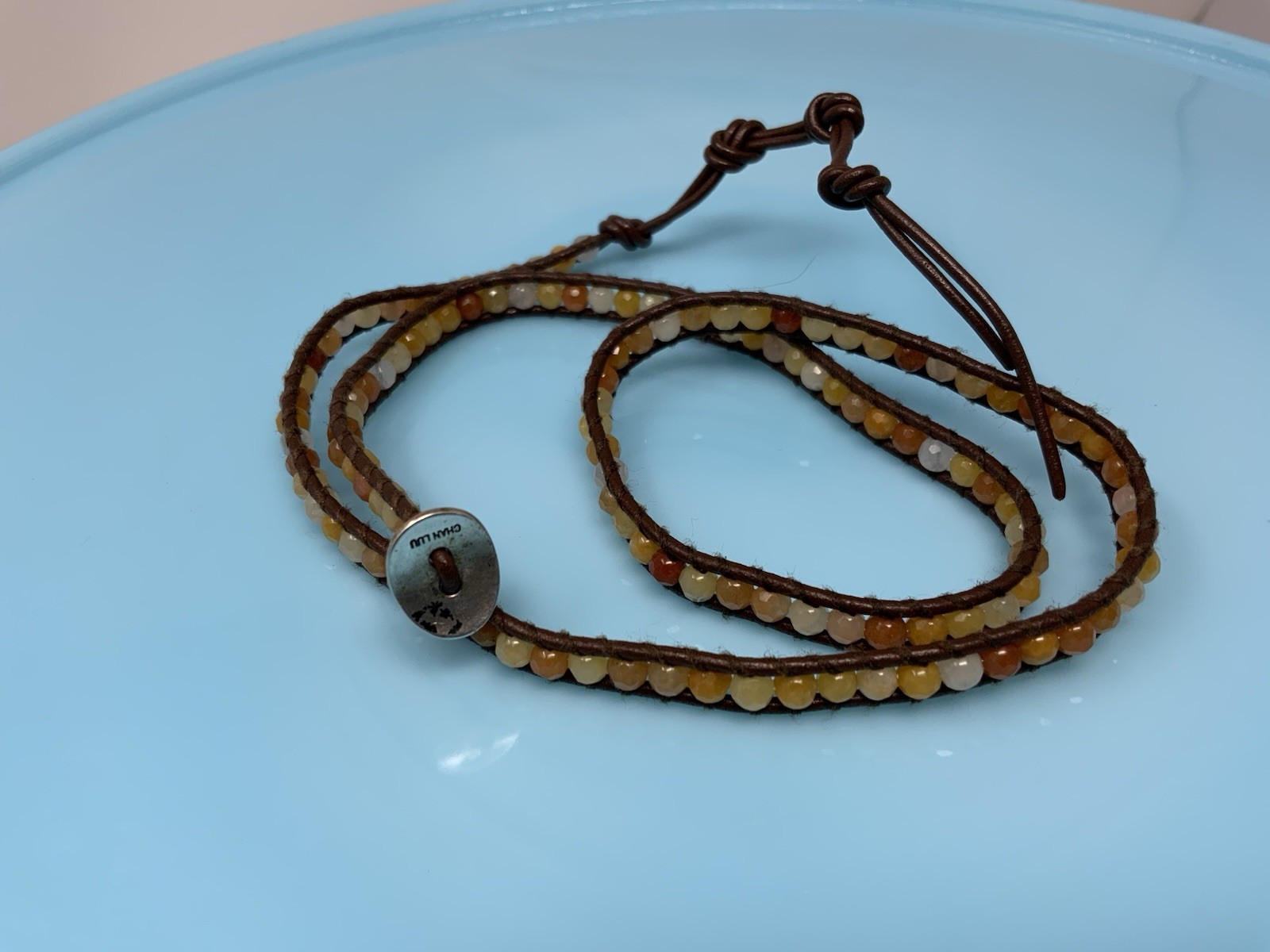 Chan Luu 925 Sterling Silver Orange Natural Tone Brown Leather Wrap Bracelet 21”