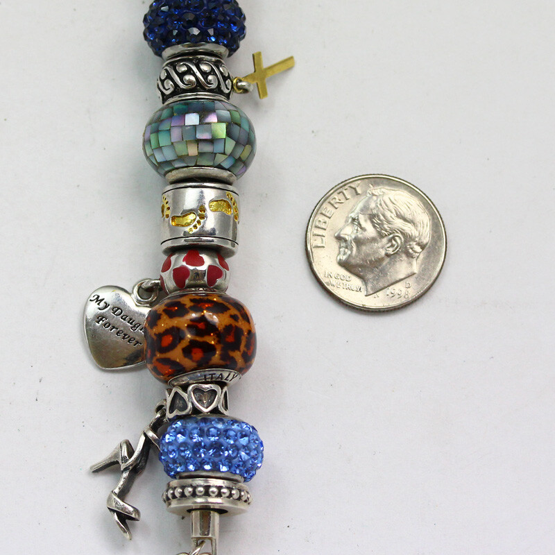 Sterling Silver 8 Inch Long Mixed Bead Rhinestone Glass Enamel Charm Bracelet