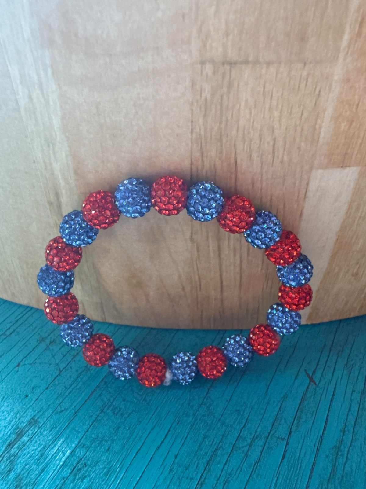 10 mm rhinestone beads, red and blue, handmade, stretchy, adult, unisex bracelet