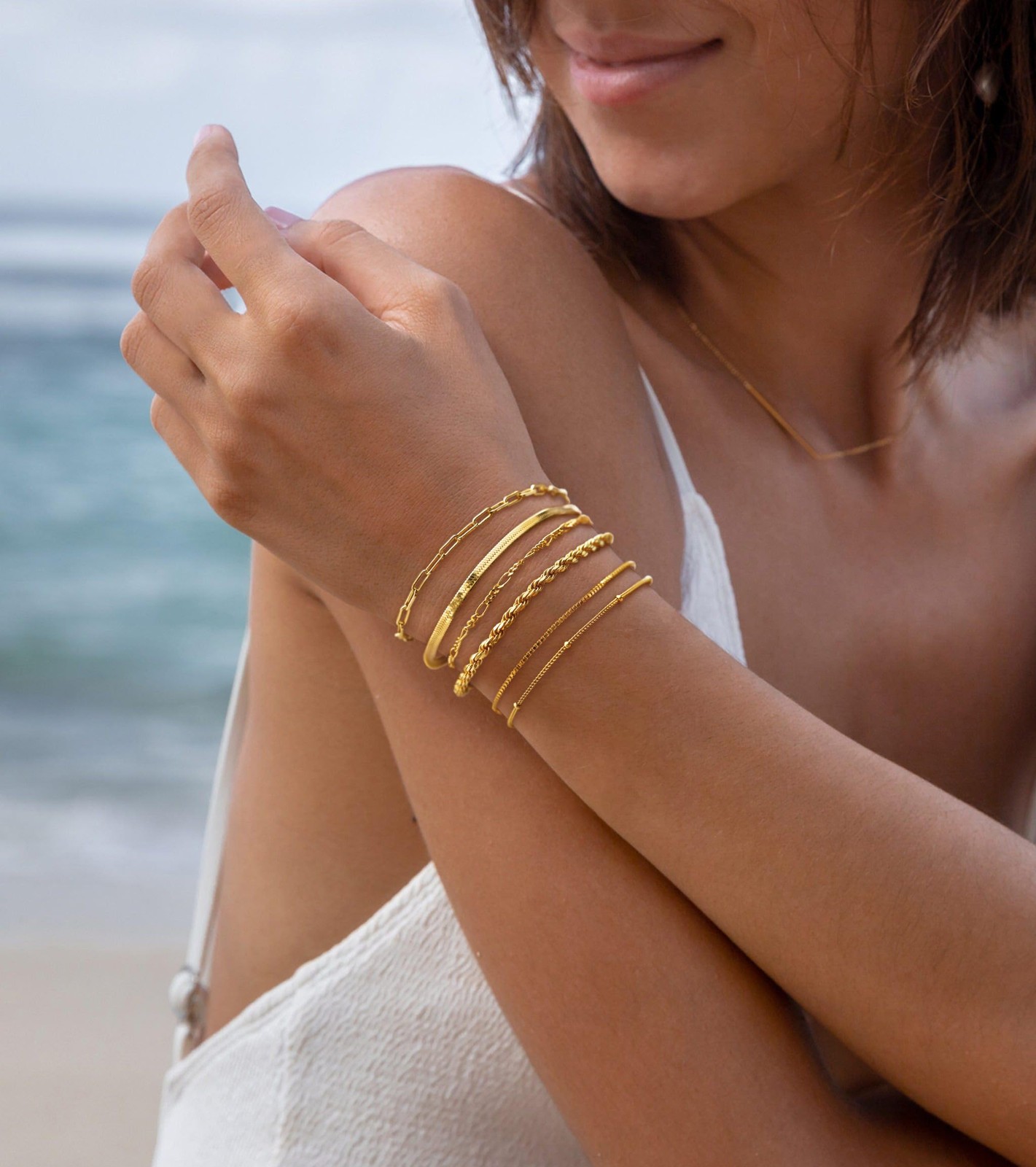 14K Gold Plated Minimalist Chain Bracelet Set for Women Stackable Jewelry