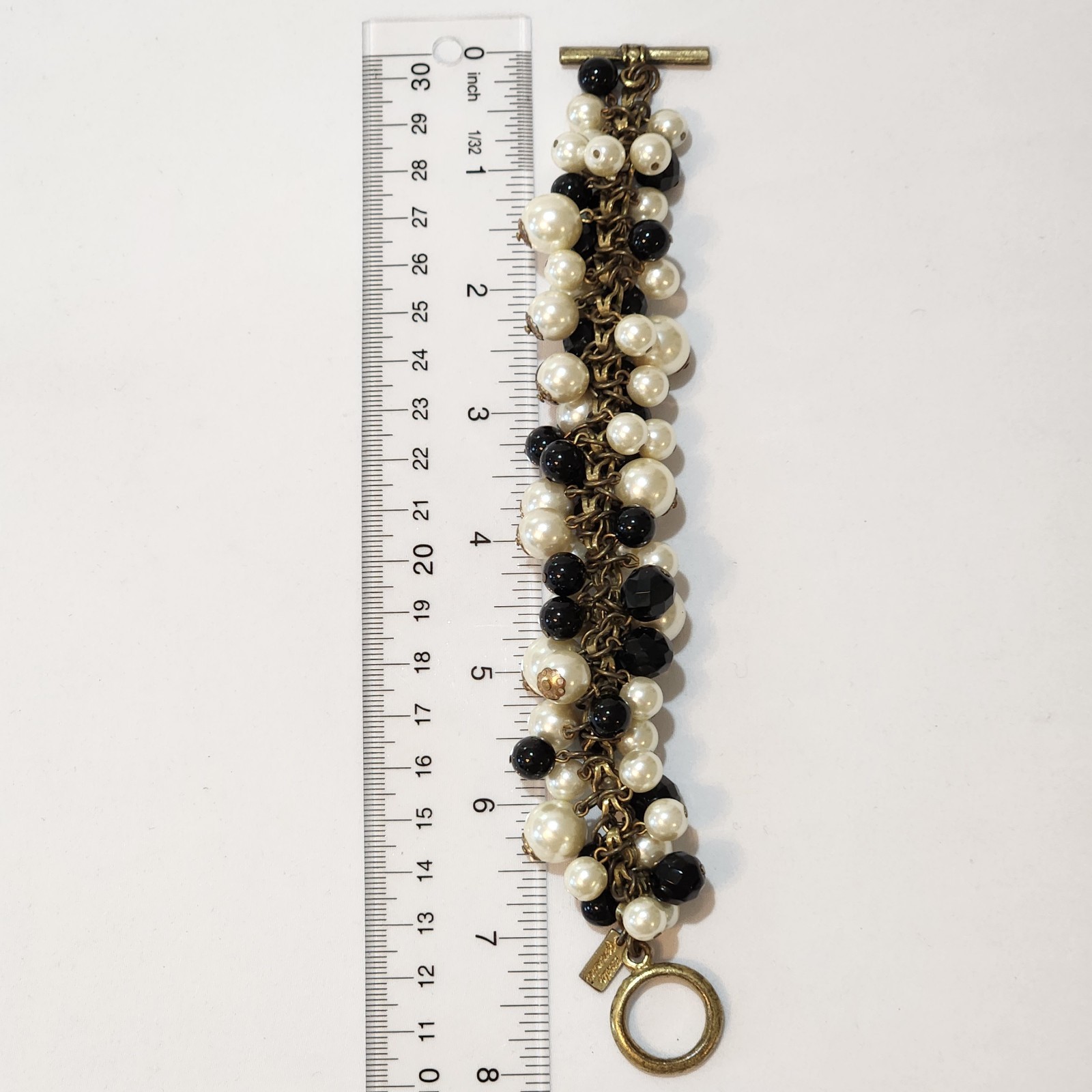 Estela Geromini Signed Multi Strand Pearl Black Bead Cluster Bracelet Toggle 7″