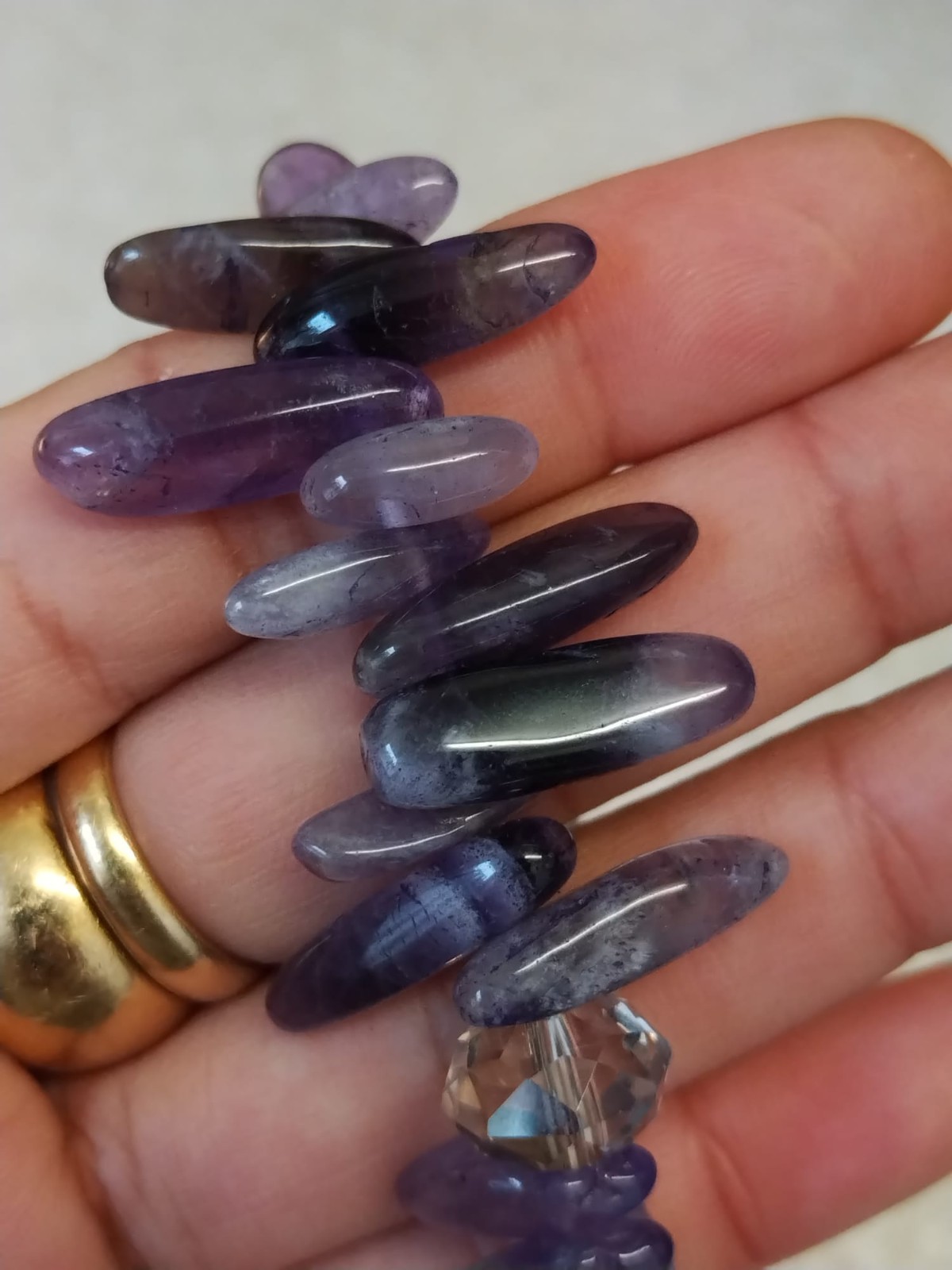 Purple Polished Gemstone, Clear Facted Glass Beaded Elasticated Bracelet