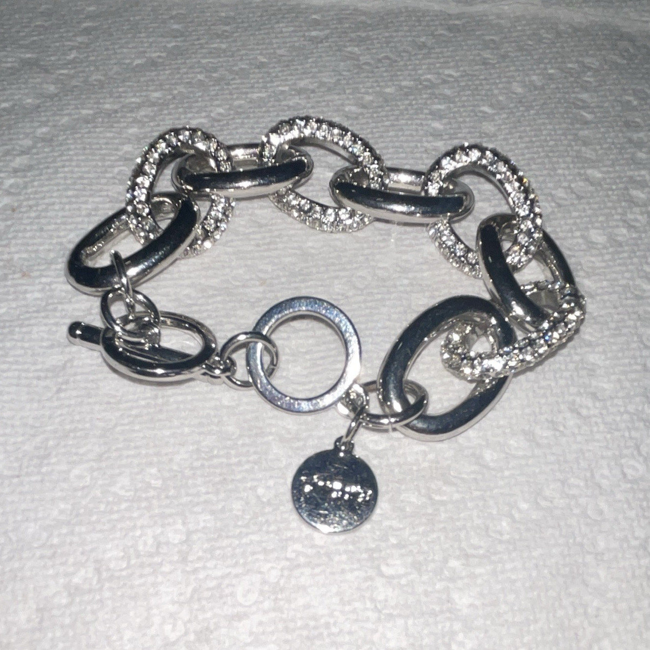 Silver Tone Oval Bar Link Bracelet Pavé Clear Crystal, Toggle, Disc Charm