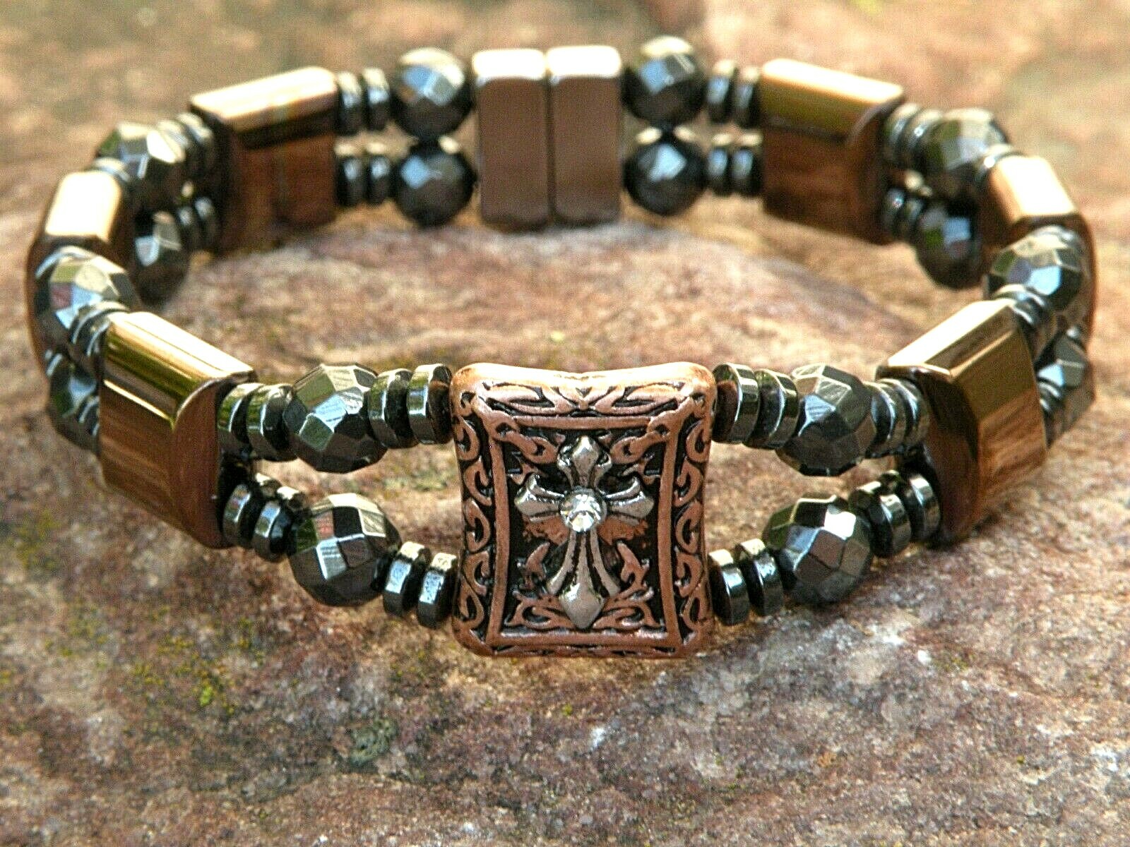 Copper n Black Magnetic Hematite Bracelet Anklet 2 Row Cross Slider