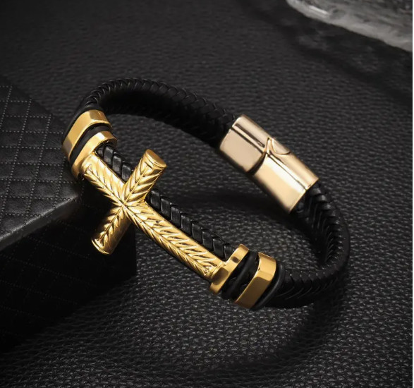 NEW MEN’S WOMEN’S YELLOW GOLD TONE CROSS BRAIDED LEATHER BRACELET