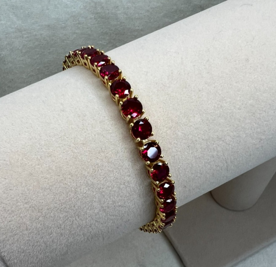 Red lab created ruby 18k yellow gold over silver bracelet 17.46ctw 7.25″ NEW