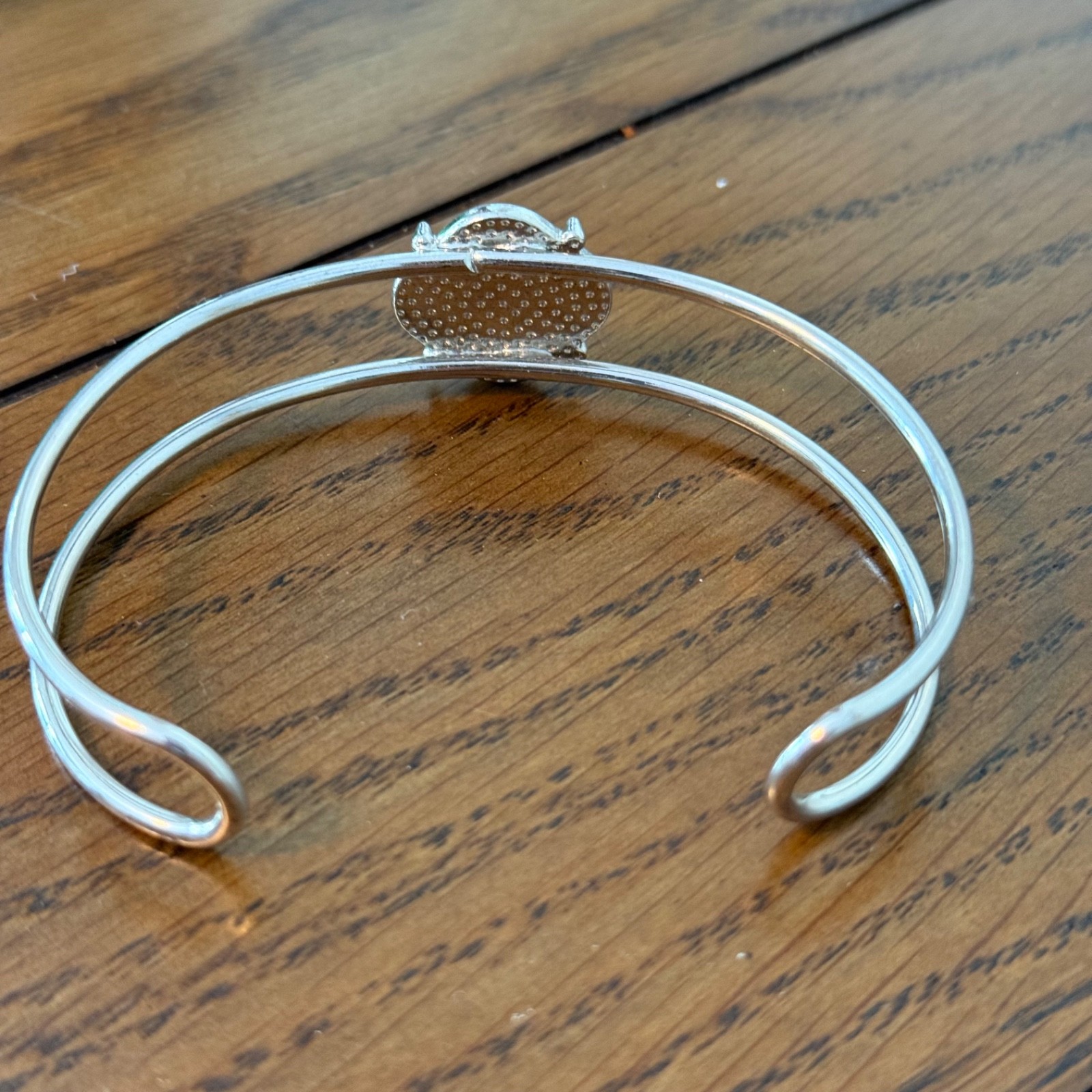 Silver Tone Open Cuff Flex Bracelet w/ Engraved Sunburst Disc Charm Cute Fun