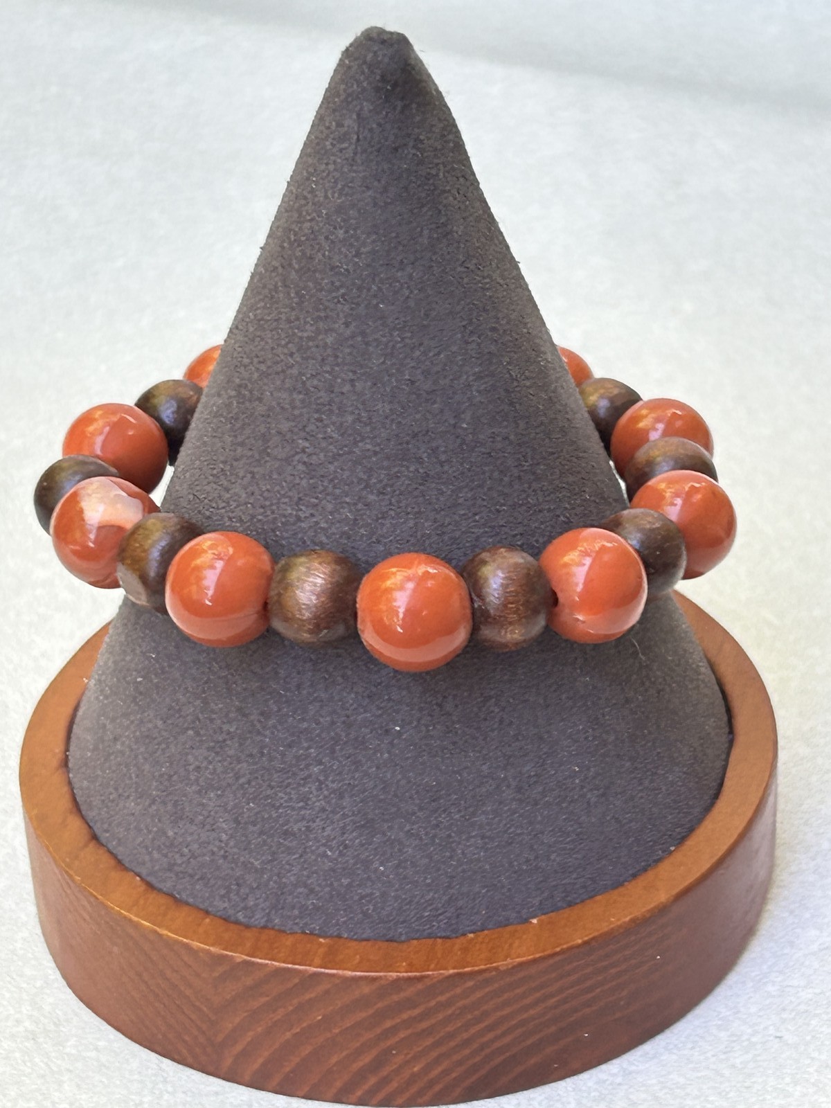 Natural Stone & Wood Beaded Bracelet Stretch Elastic Orange Red Brown Fashion