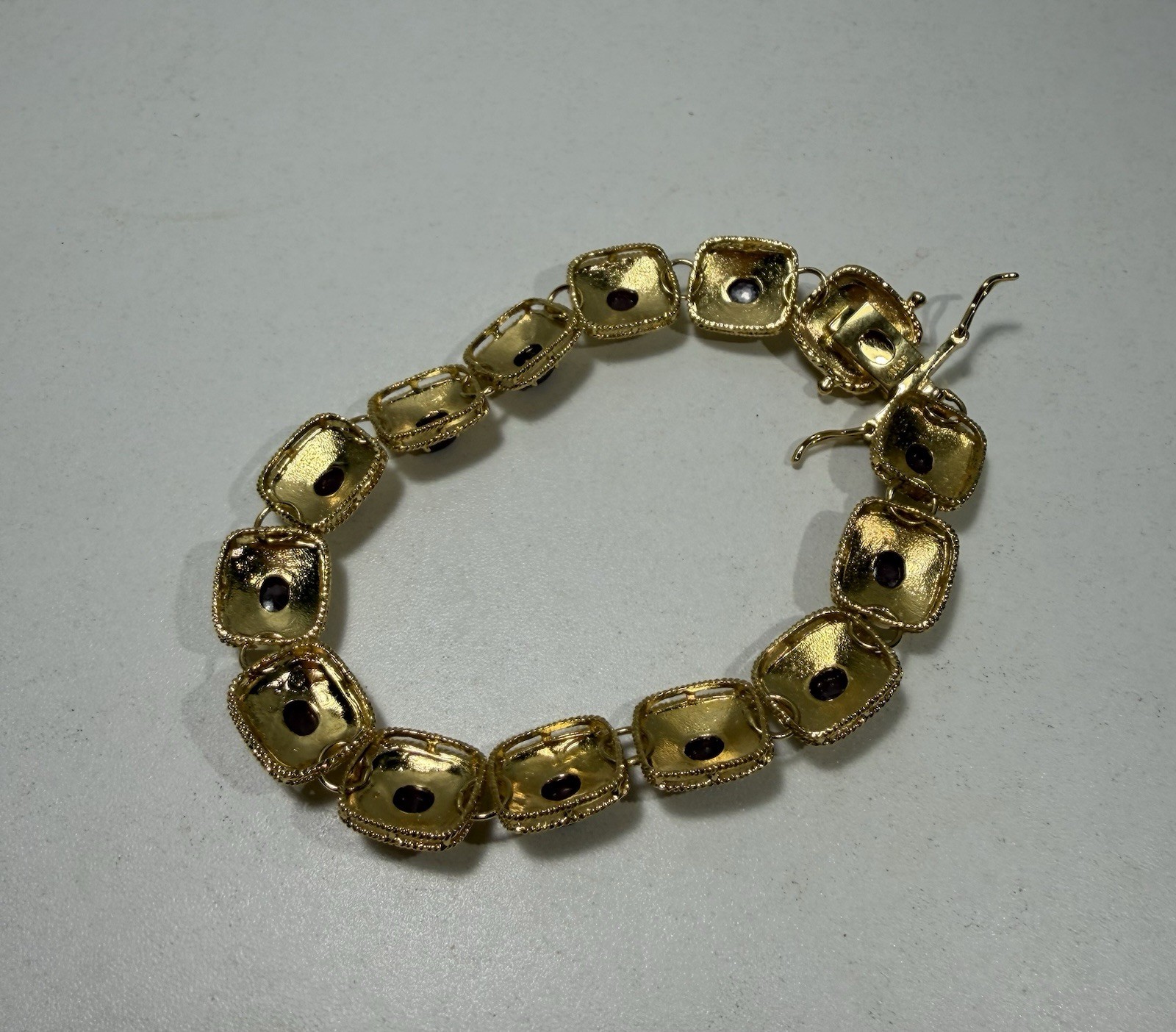 Yellow Gold Plated Link Bracelet with 12 Round Amethyst Bezel Stones Box