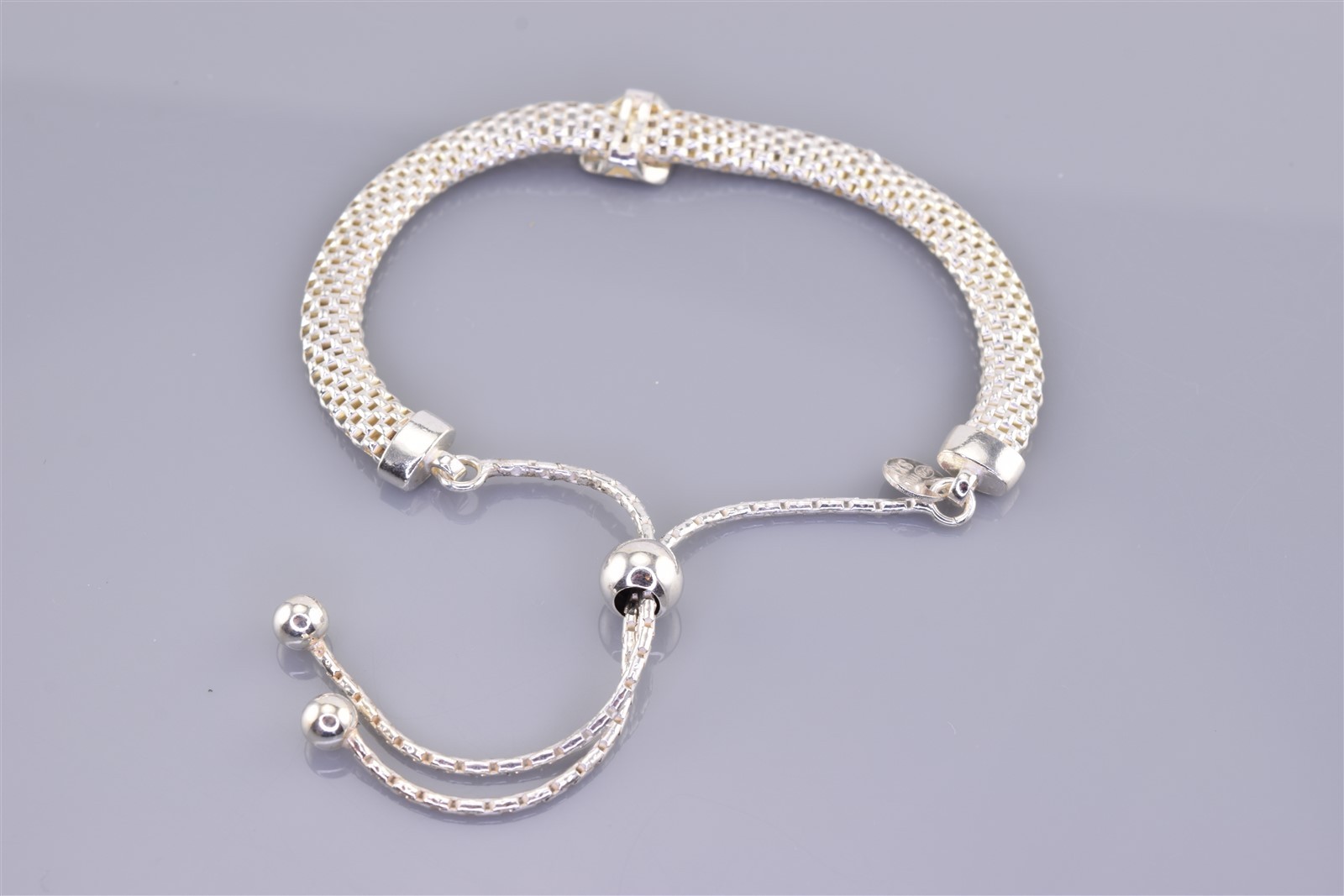 Sterling Silver Cubic Zirconia Cluster Station 925 Italy Mesh Bolo Bracelet Adj