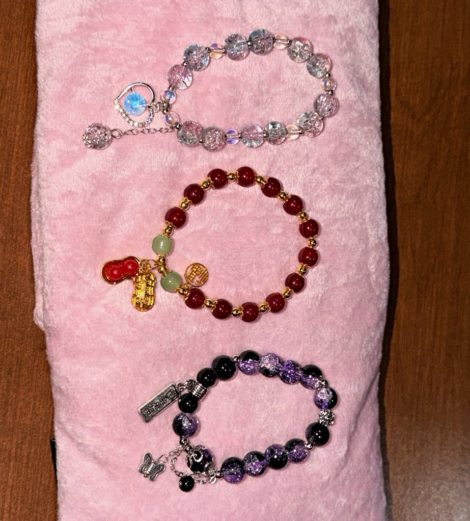 Lot of 3 Beaded Charm Stretch Bracelets, Multicolor Round Beads Dangle Butterfly