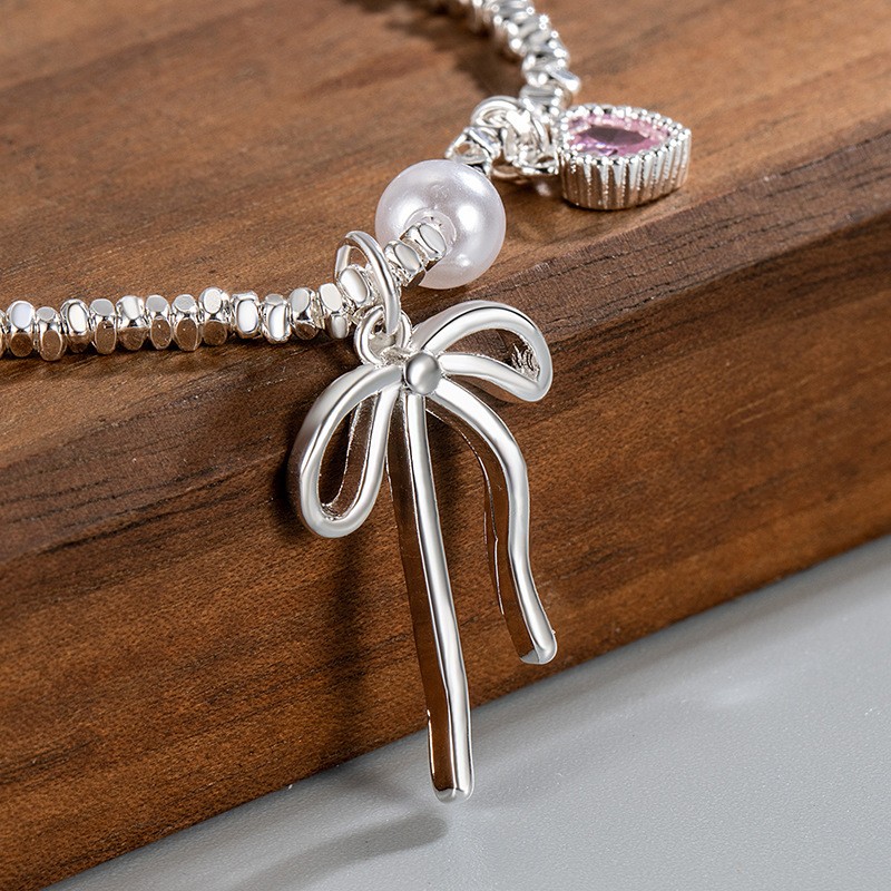 Women’s Elegant Pink Heart Bow Pendant Bracelet Alloy Bracelet Fashion Jewelry