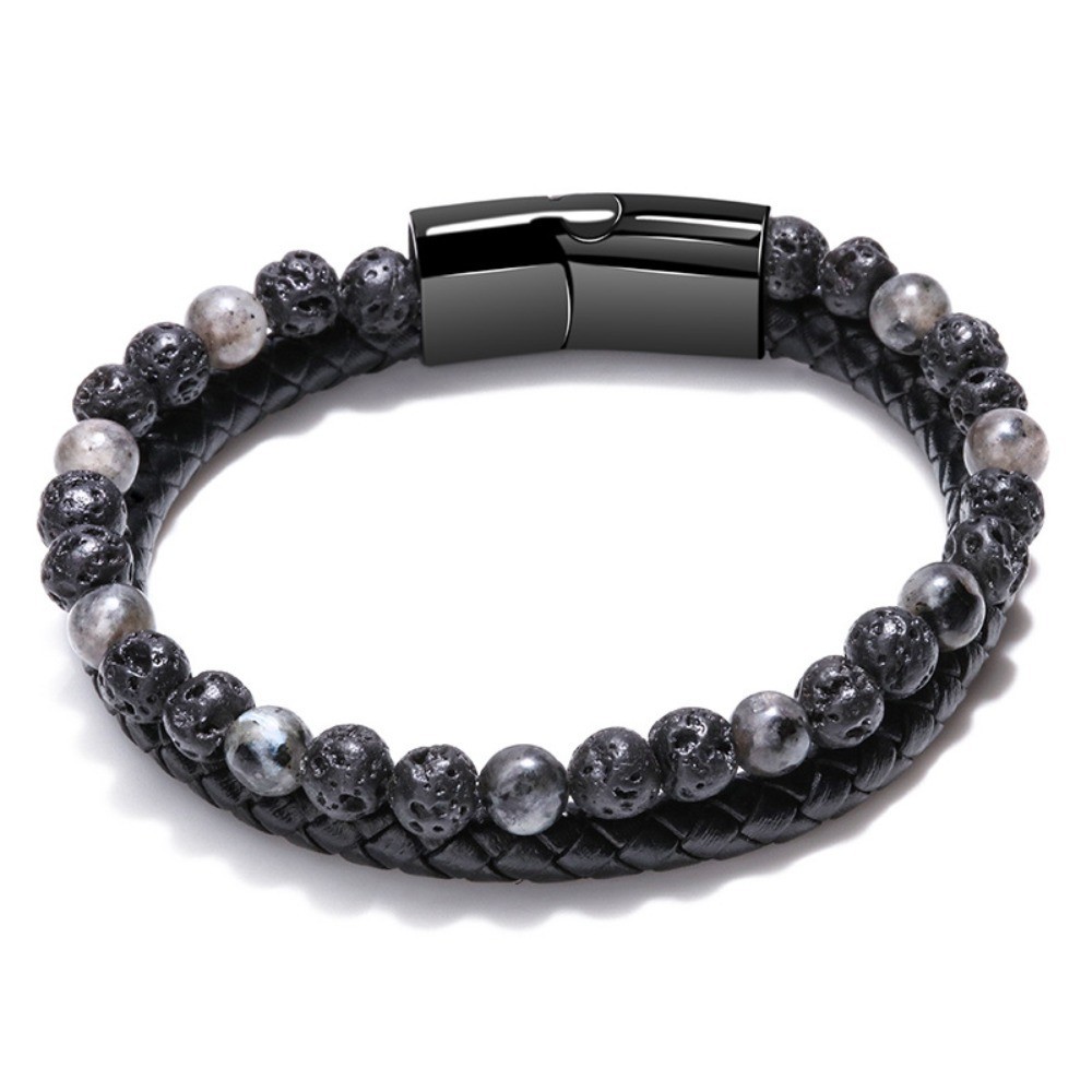Men’s Magnetic Buckle Leather Braided Natural Stone Bead Cowhide Rope Bracelet