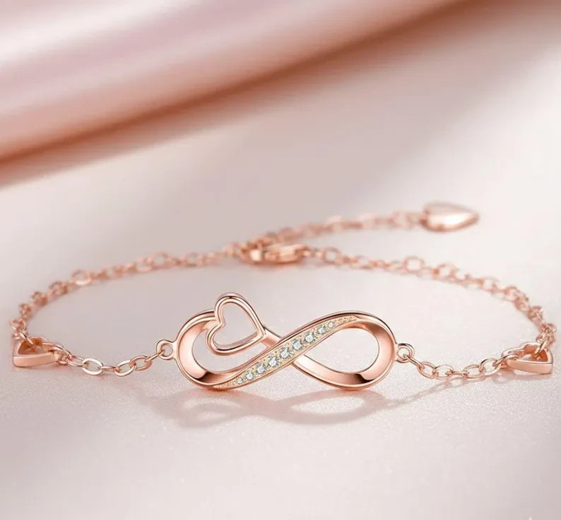 1.20 CT Round Cut Simulated Diamond Infinity Heart Bracelet 14k Rose Gold Plated