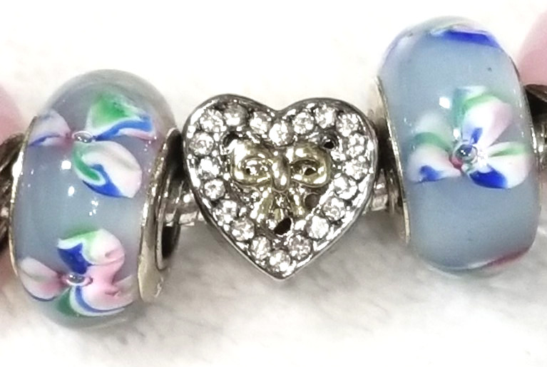 7.9″ Heart Bow Slider Charm Flower Murano Lampwork Glass Beads Spacers Bracelet