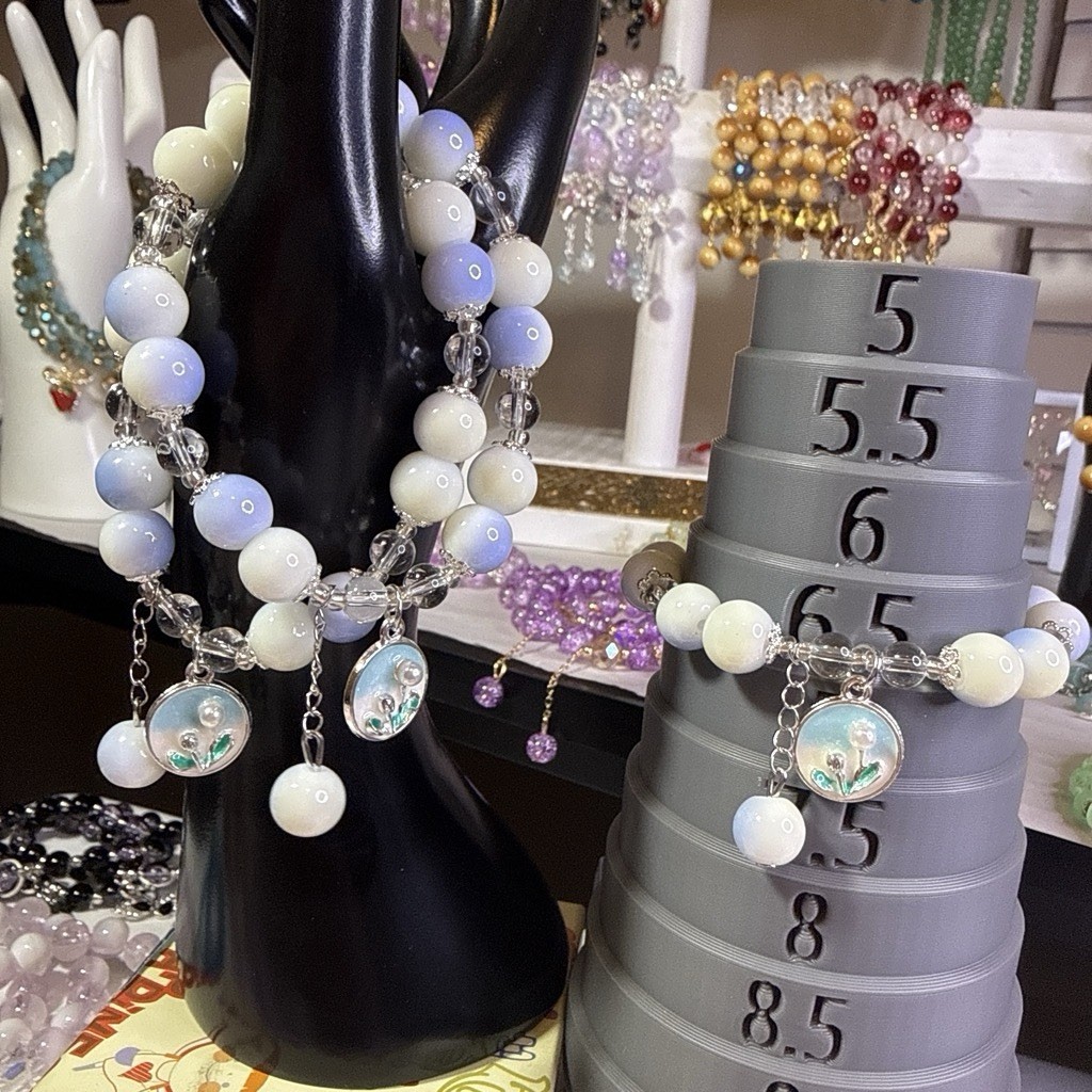 White & Light Blue Glass Beaded Charm Bracelet Silver-Tone Dangle Stackable