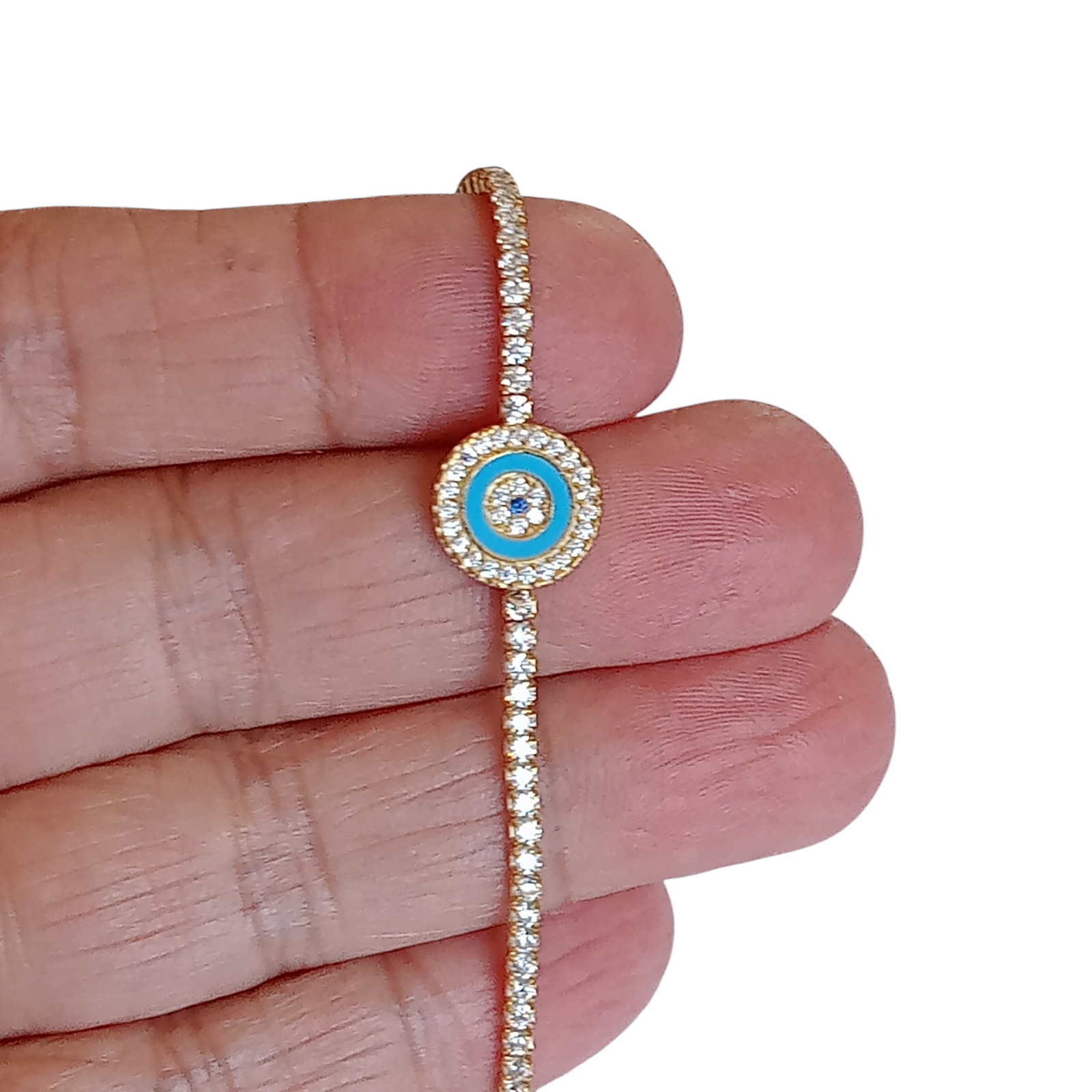 Gold Plt. 925 Sterling Silver Turkish Handmade White Topaz Evil Eye Bracelet