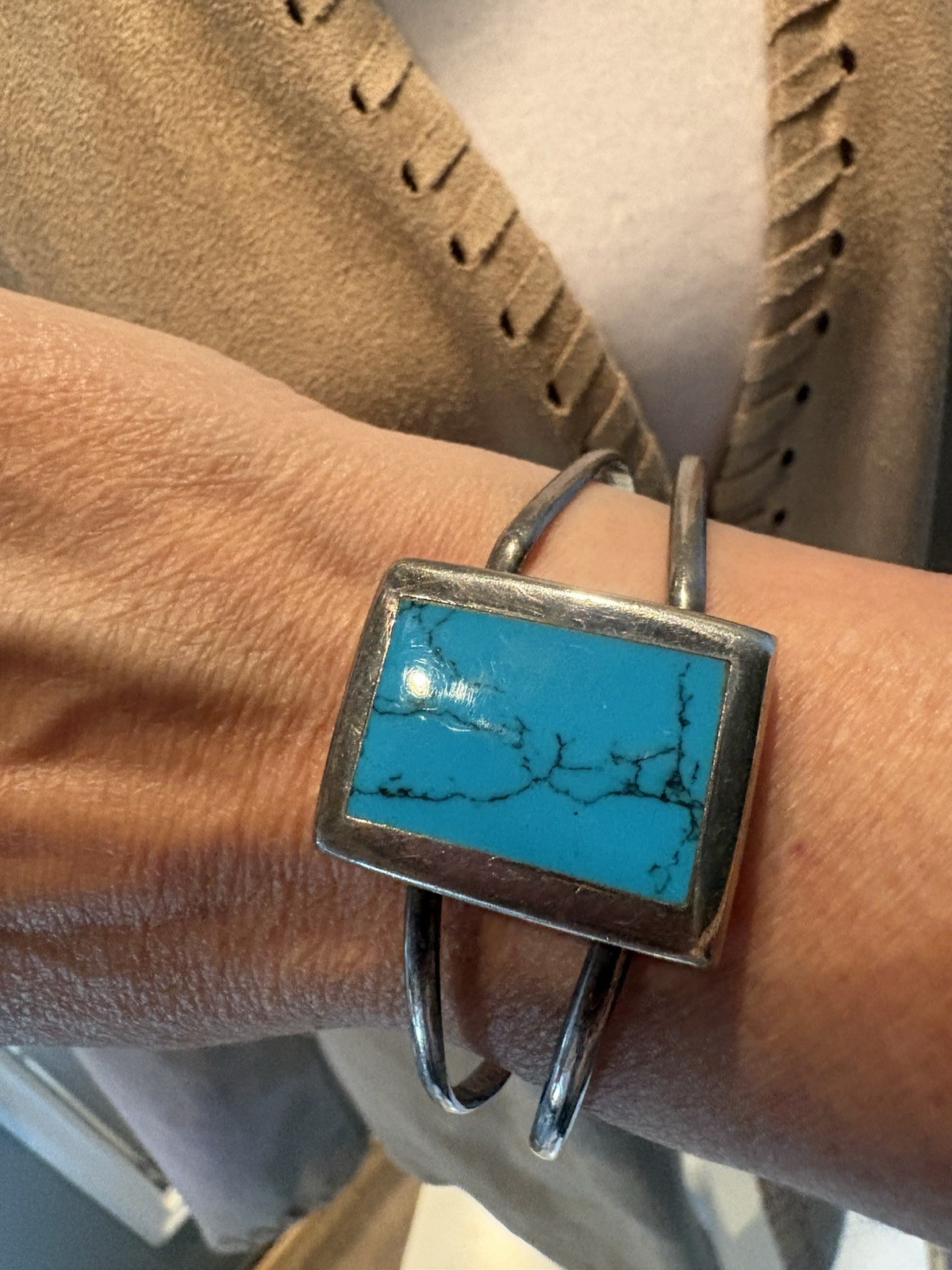 Turquoise Blue Stone Silver Tone Double Wire Cuff Bracelet Boho Southwestern