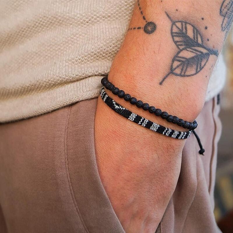 2pcs Handmade Natural Lava Rock Stone Surfer Rope Braided Bracelet Boho Gift