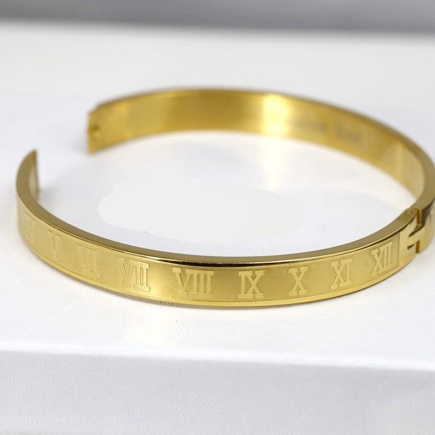 DG Men’s Stainless Steel 7″ Design,Roman-Numeral,Bangle Bracelet Gold plated BOX