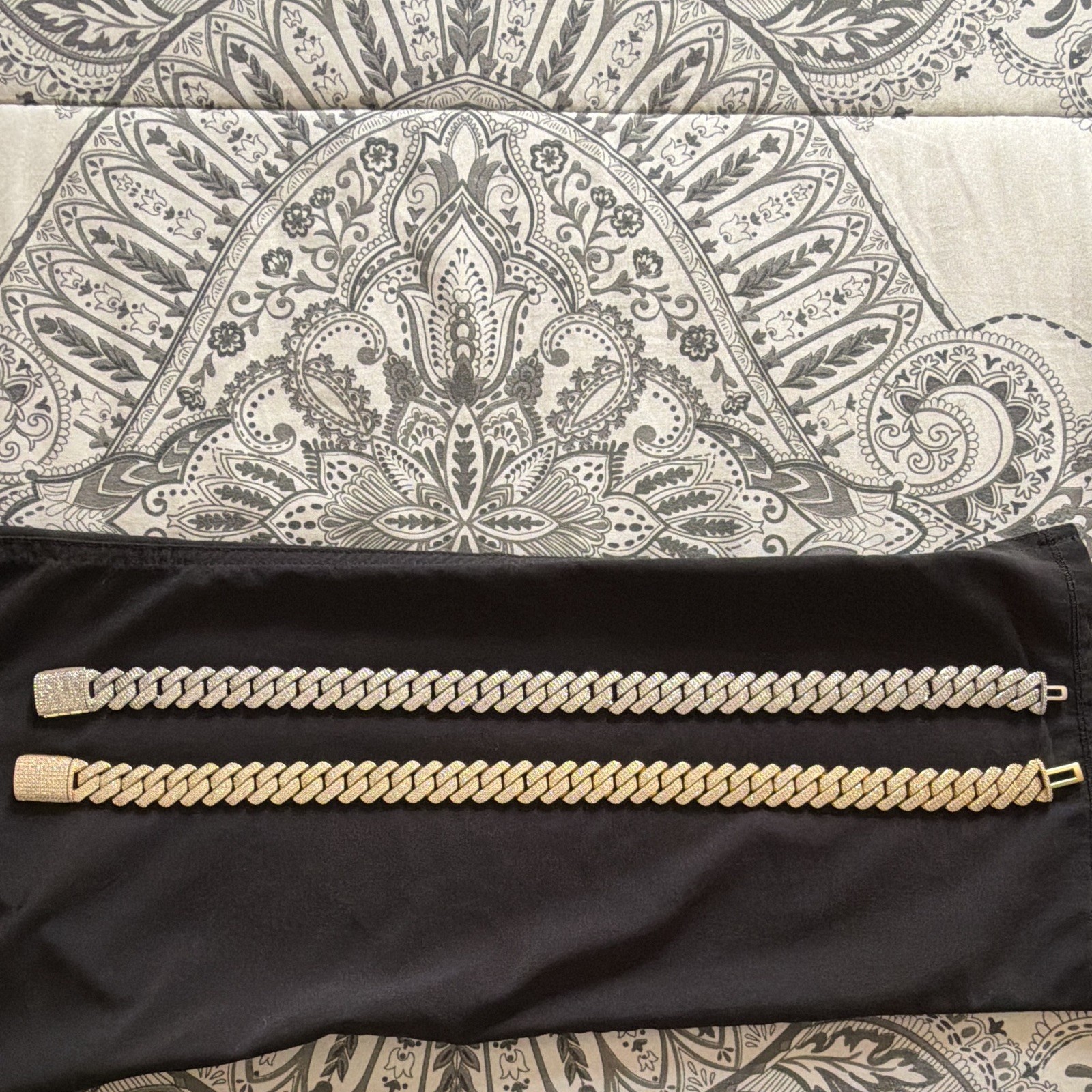 2pc Gold & Silver Cuban Link Chain Bracelets Pavé CZ Box Clasp Stackable