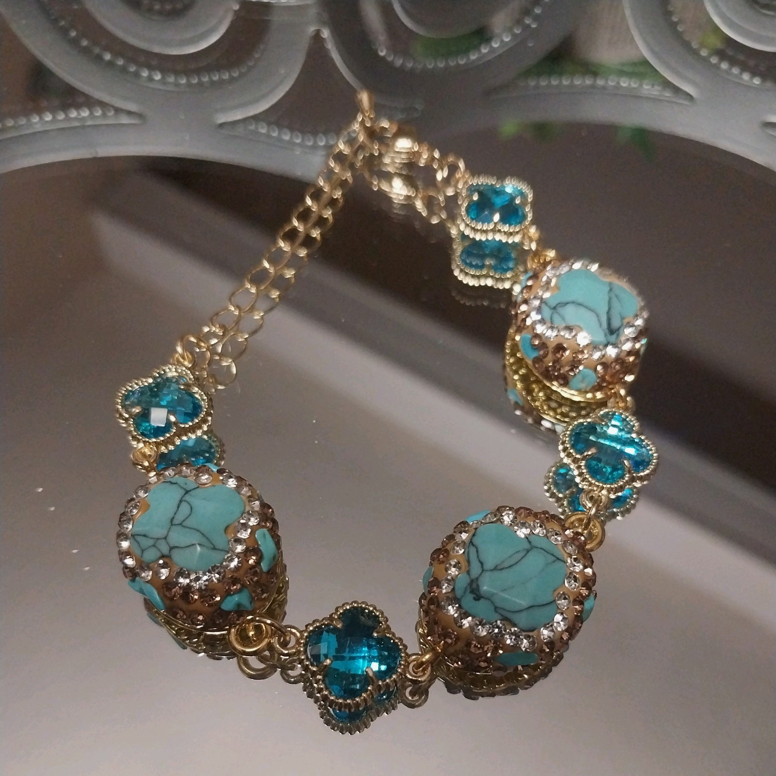 Turkish Gold Plated Bracelet w/Natural Turquoise & Blue Crystal Accents Clovers.