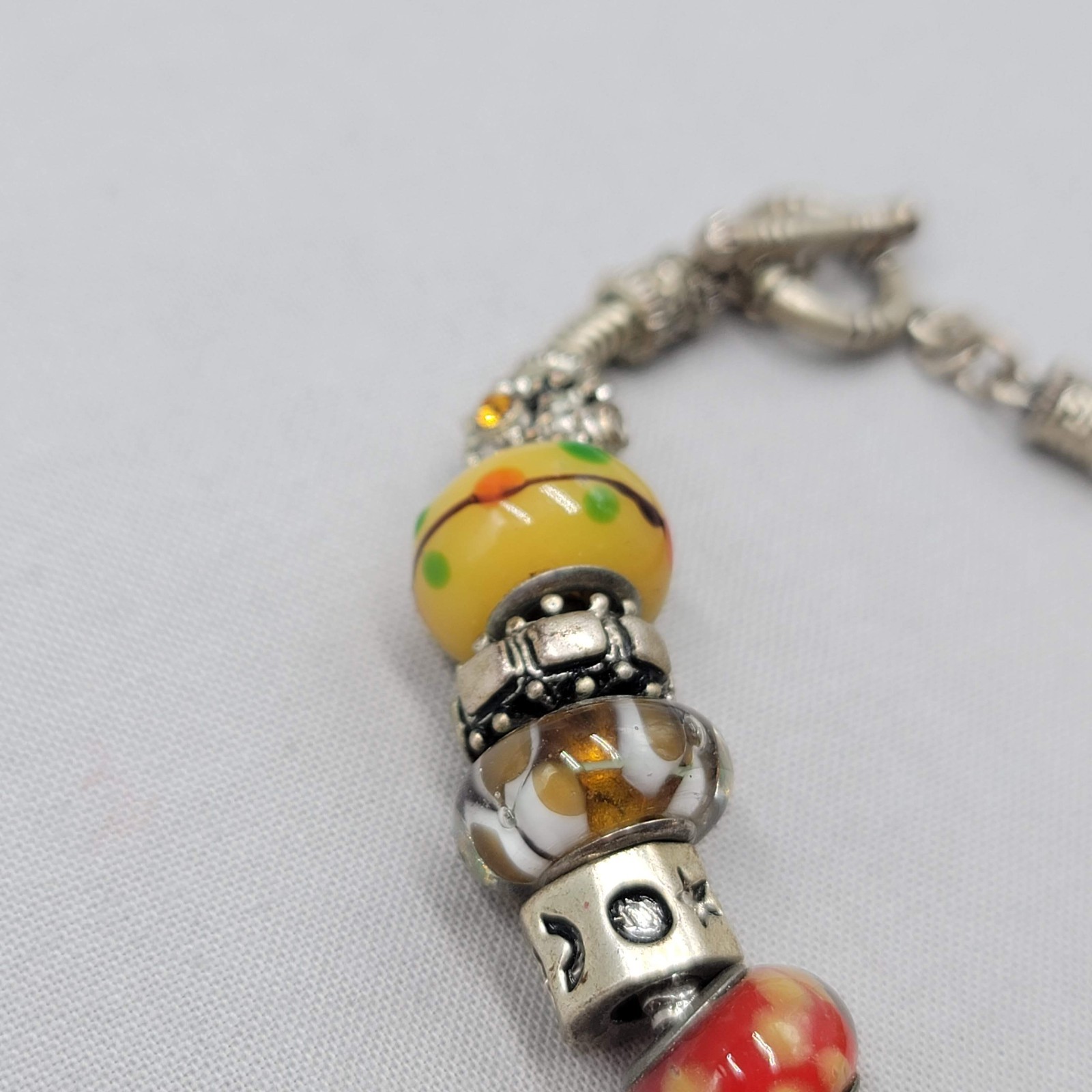 Slide Charm Bracelet Silver tone Snake Chain Orange Yellow Brown 8.5″