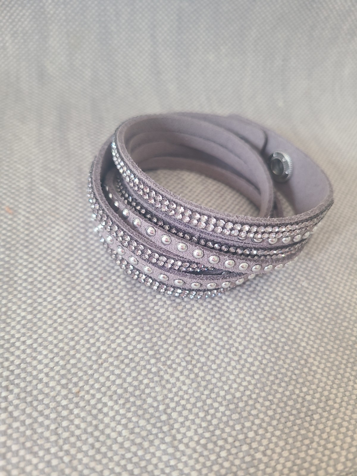 Double Wrap Slake Bracelet Crystal Metal Studs Studded Faux Suede Grey Silver