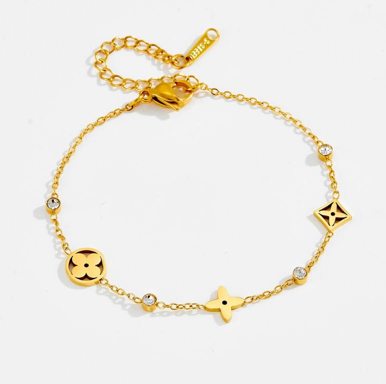 Women Girl Gold Plated Stainless Steel Flower Star CZ Bracelet 6+2″ Chain PE44
