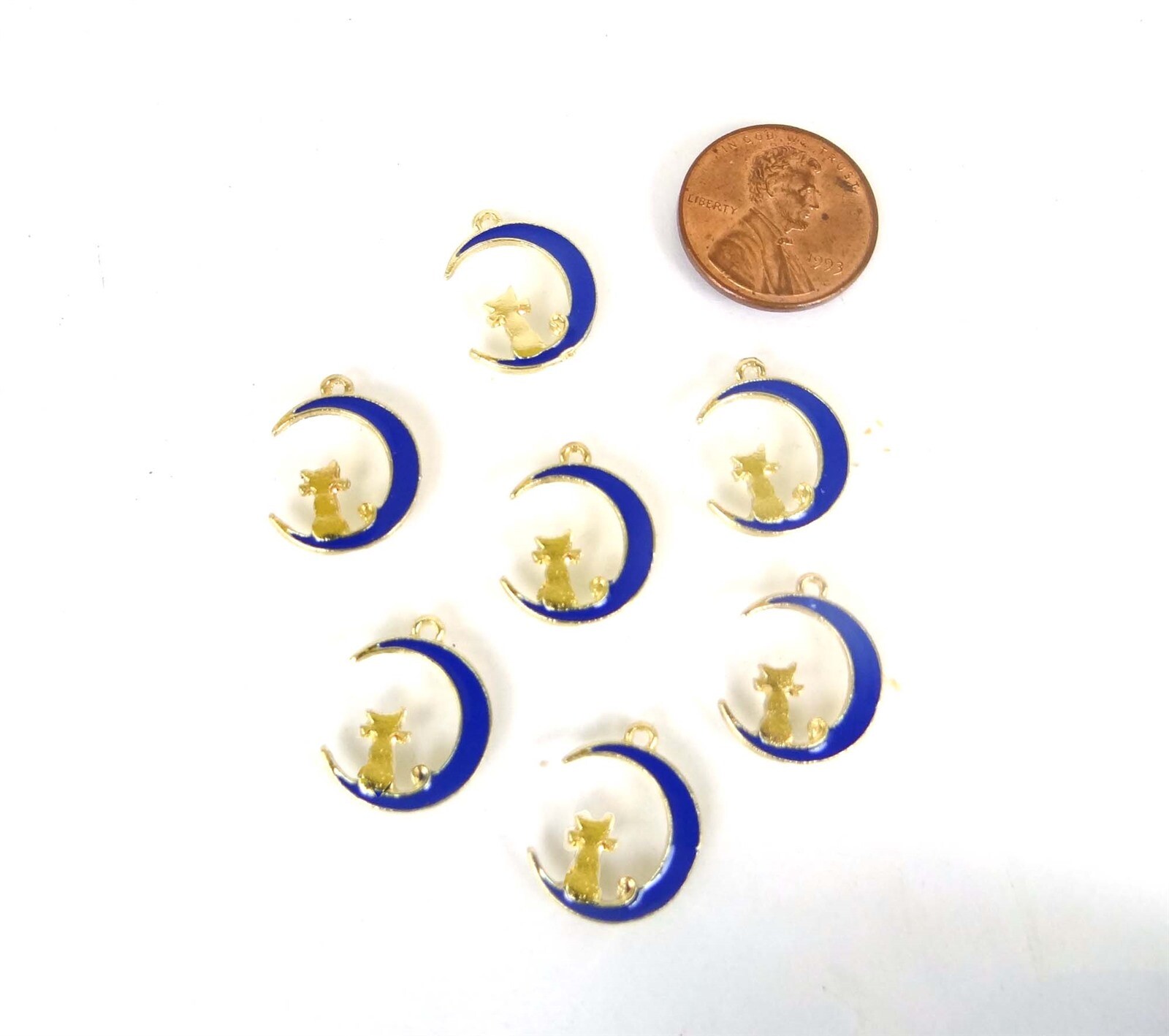 6 Cat on Moon Blue Enamel Gold Plated Metal Charms Pendant 17x13mm