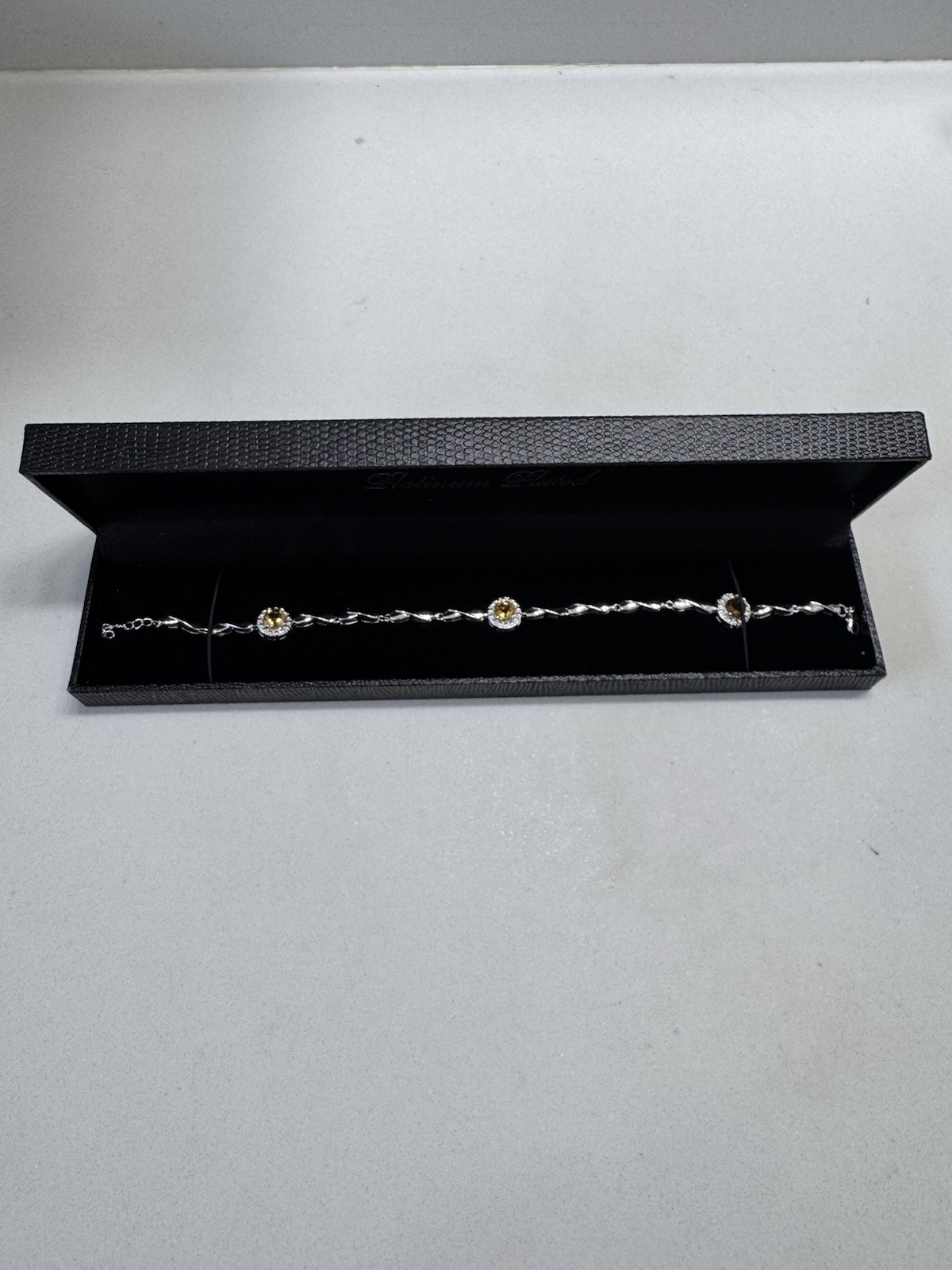 Gold Coast Platinum Plated Bracelet Lobster Clasp Adjustable 3 Citrine Stones