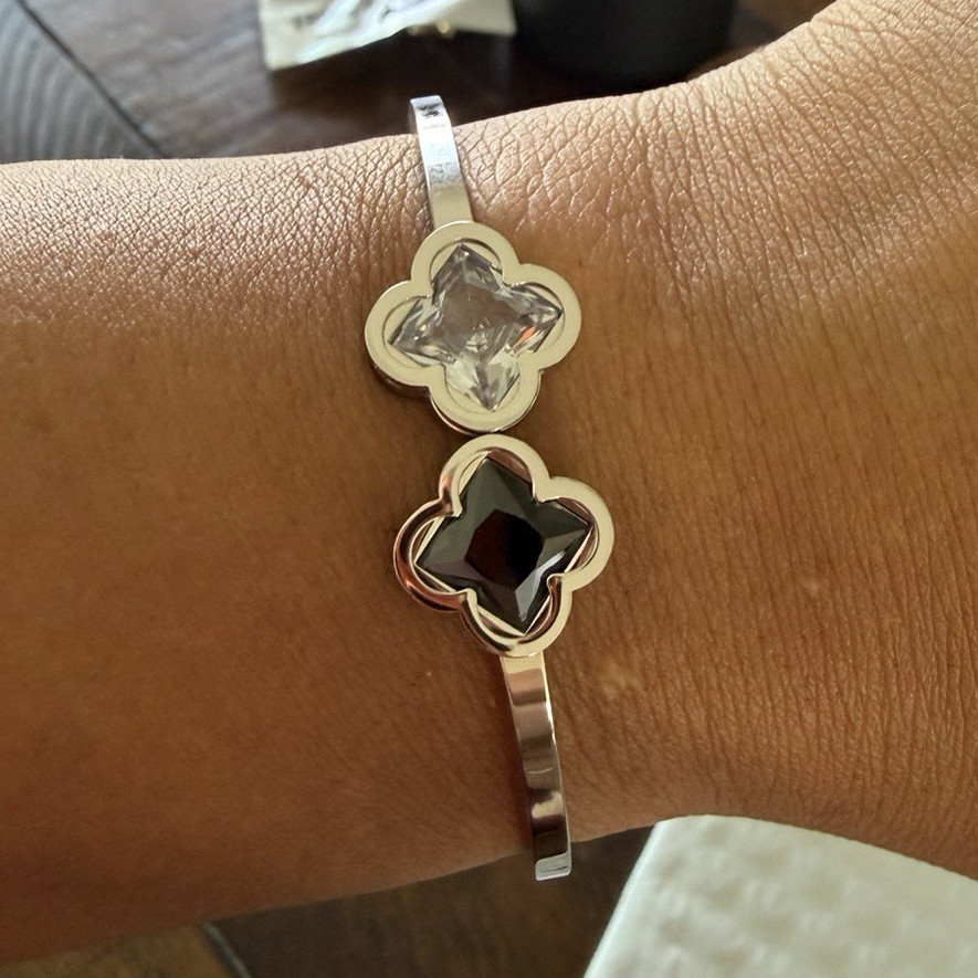 Silver Tone Hinged Stainless Steel Bangle Bracelet, Clover Clear Crystal