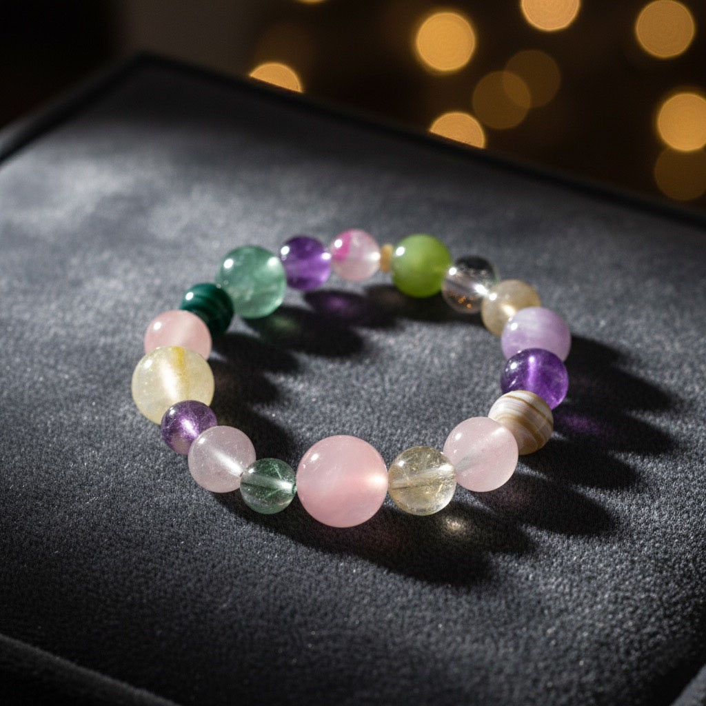 Natural Multi Gemstone Crystal Bracelet 10mm Beads Handmade Stretch 17cm
