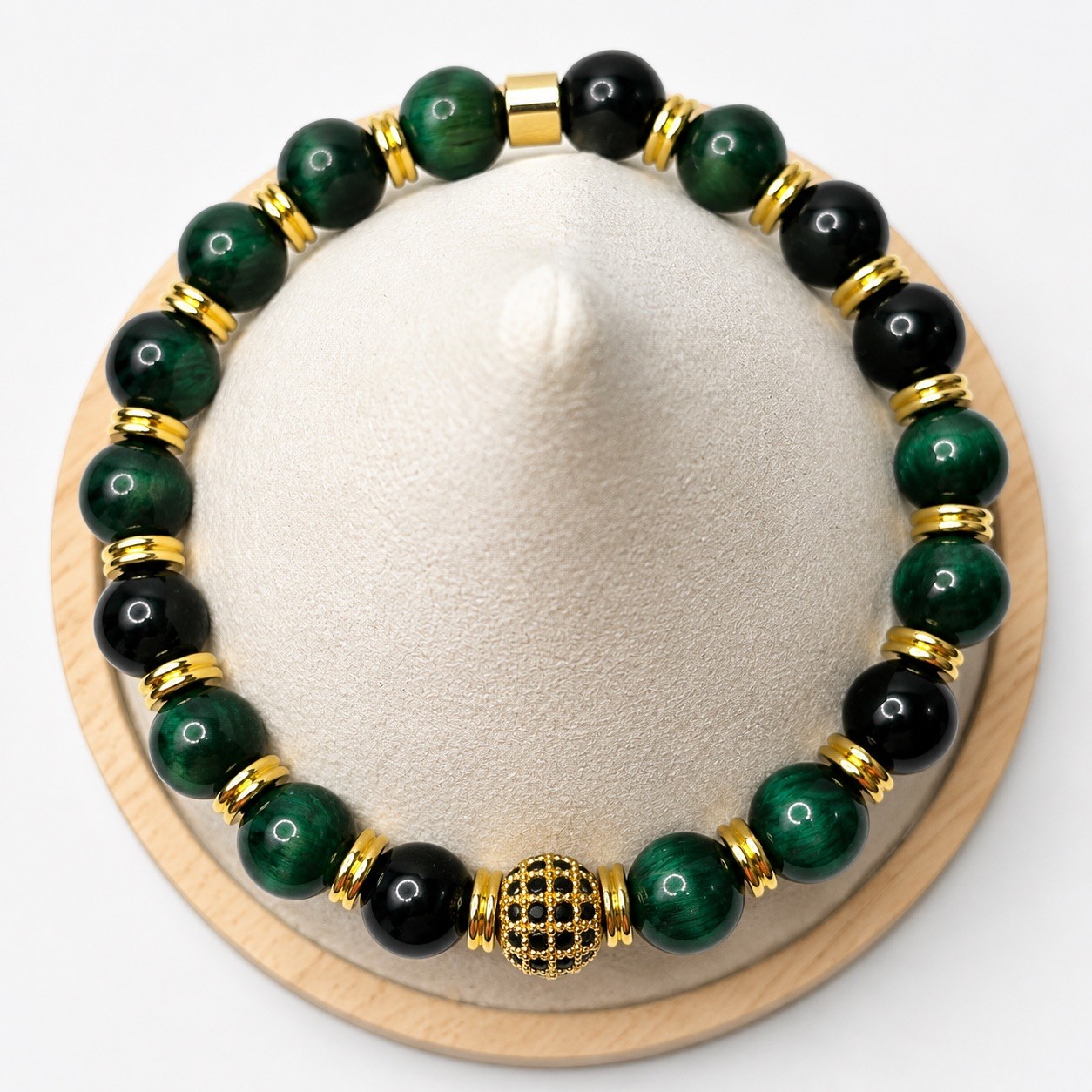 Green Tiger Eye Bracelet Men Women Natural Gemstone Gold Bead Protection Gift