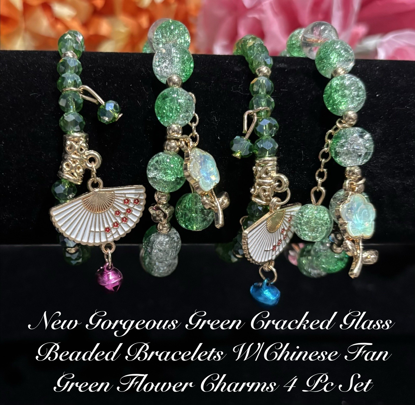 NEW SPRINGTIME GREEN GLASS BEADED BRACELETS W/CHINESE FANS & FLOWER CHARMS 4 PC