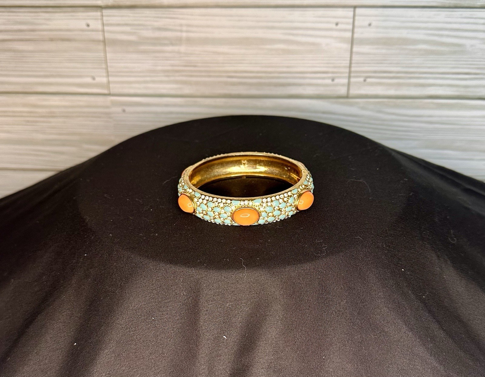 Stella & Dot Coral & Turquoise Hinged Bracelet Cabochon & Rhinestone Clamper 7″