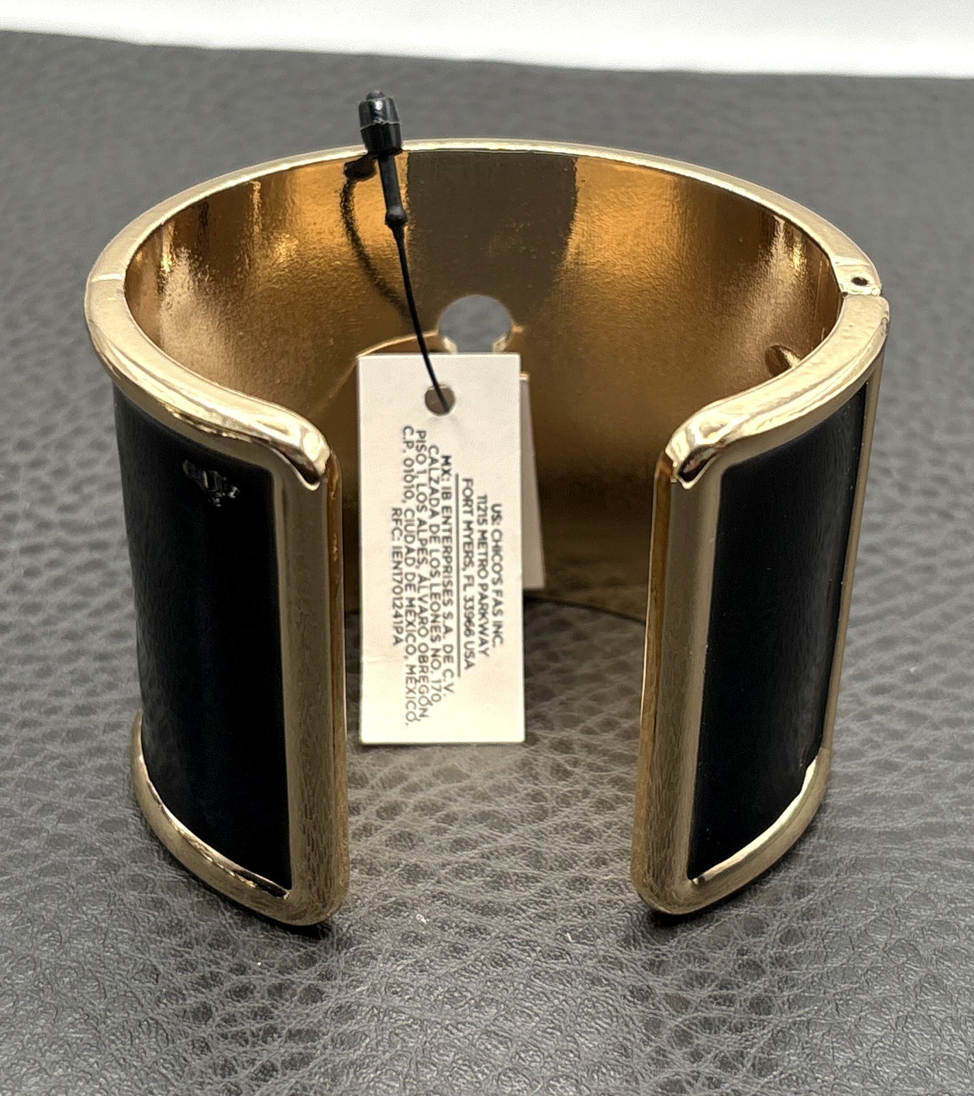 Chicos Black Enamel Gold Tone Cuff Bracelet Keyhole Key Hole Lock Wide Statement