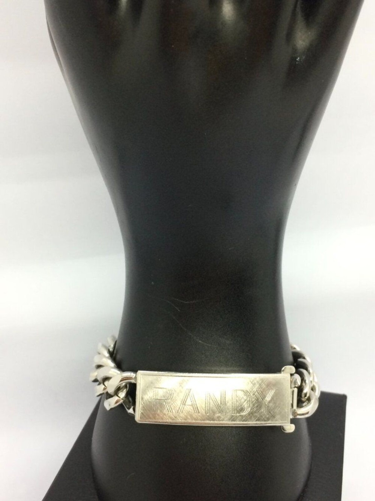 VINTAGE ID BRACELET Slver Tone Curb Chain Randy Name Plate 8 Inch Mens